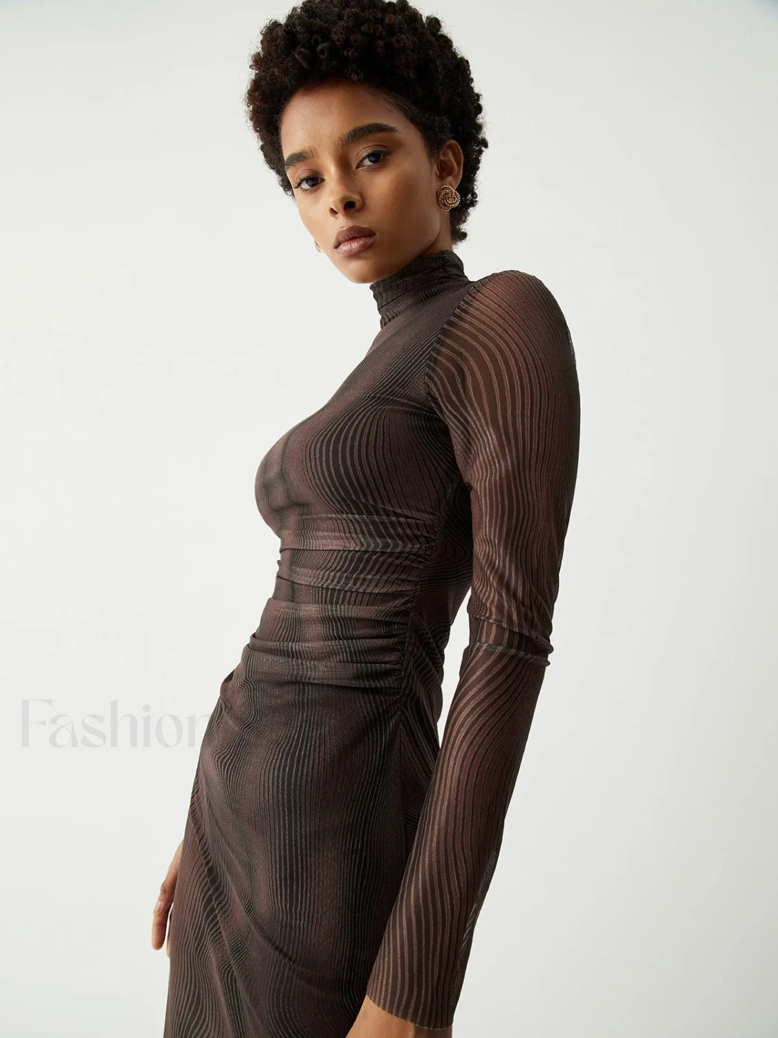 Illusion Tulle Print Mock Modern Neck Mesh Midi Dress - Image 8