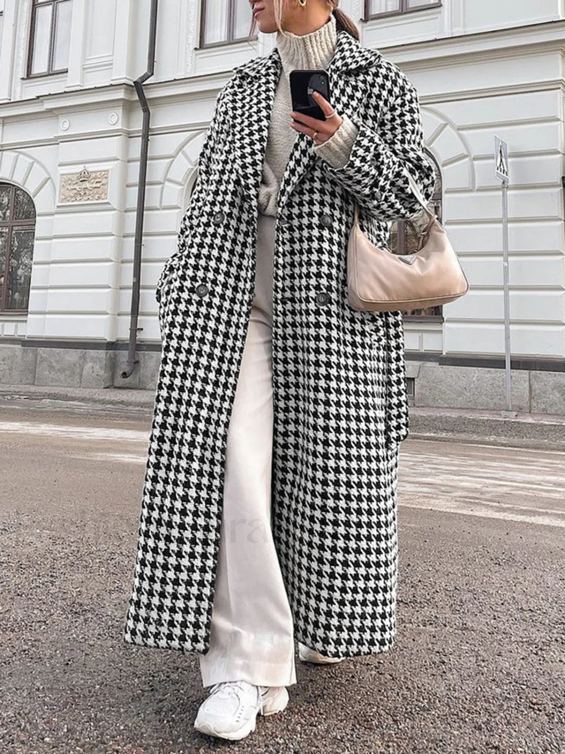 Houndstooth Tweed Graceful Trench Coat - Image 9