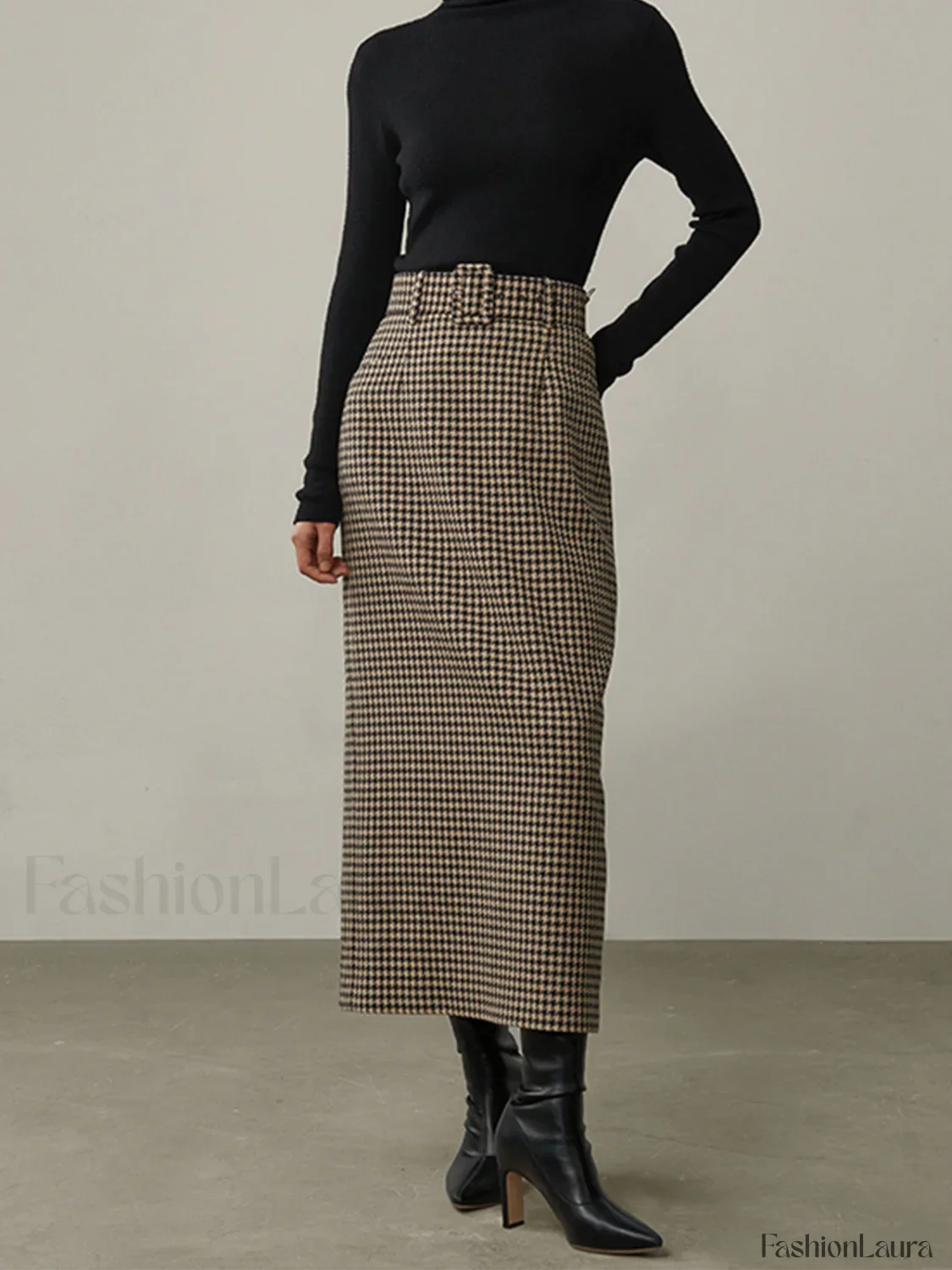 High Waist Graceful Houndstooth Midi Skirt - Image 12