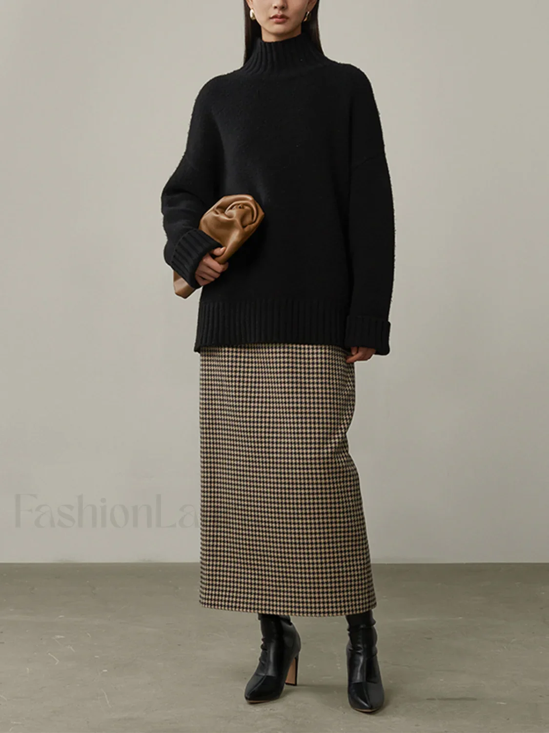 High Waist Graceful Houndstooth Midi Skirt - Image 2