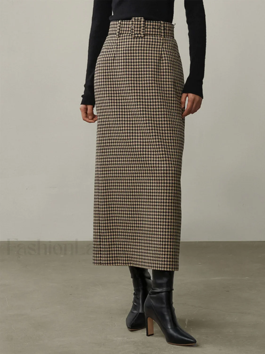 High Waist Graceful Houndstooth Midi Skirt - Image 3