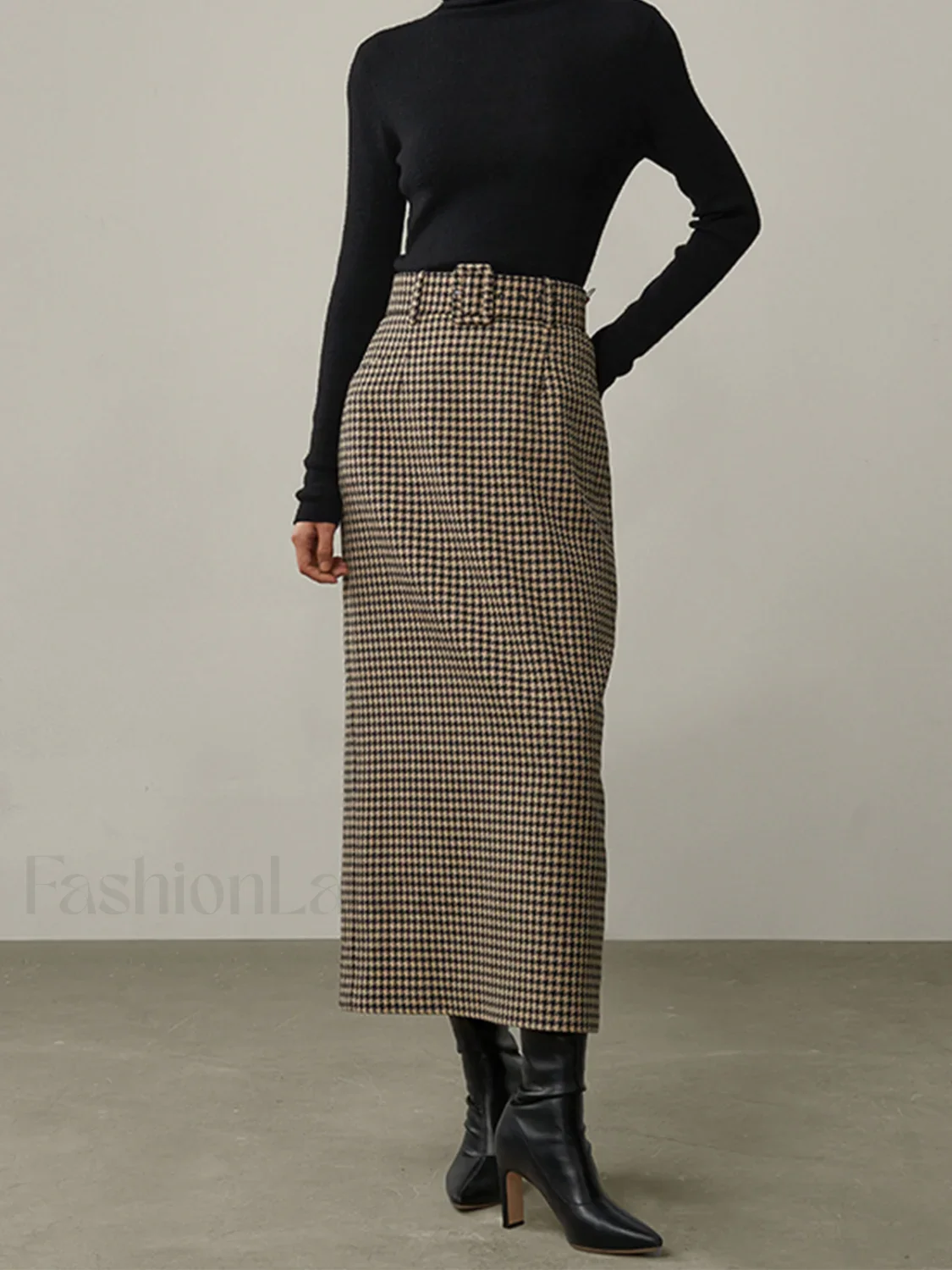 High Waist Graceful Houndstooth Midi Skirt - Image 8