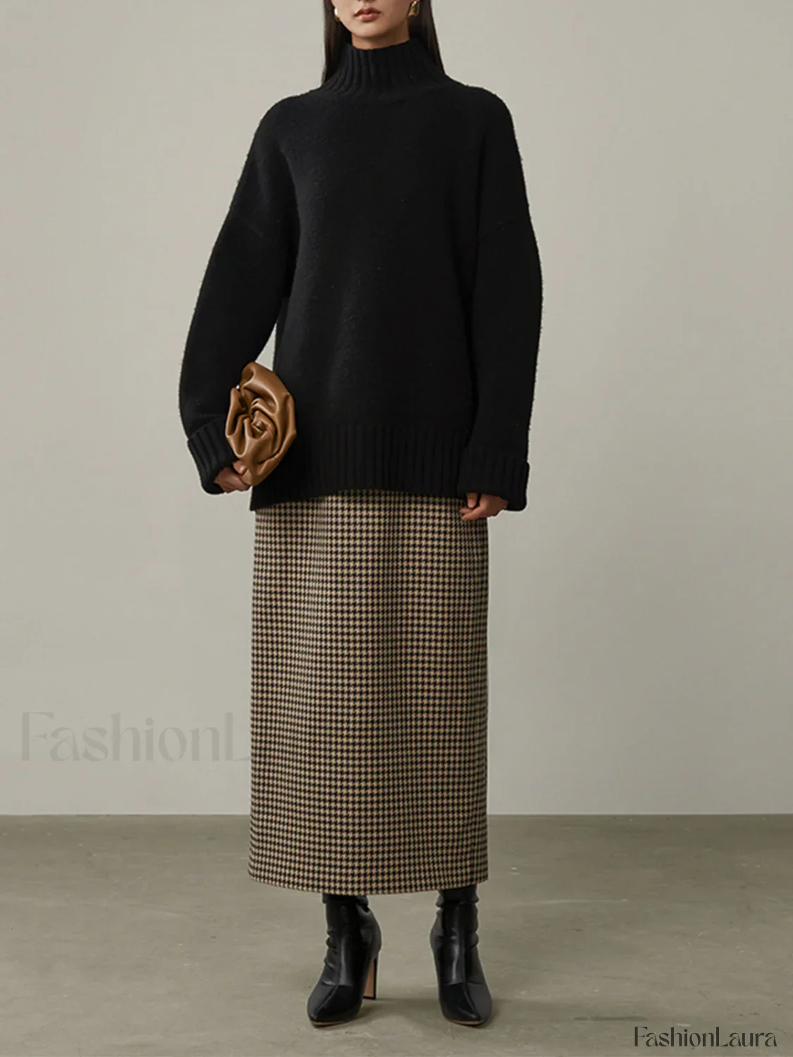 High Waist Graceful Houndstooth Midi Skirt - Image 9