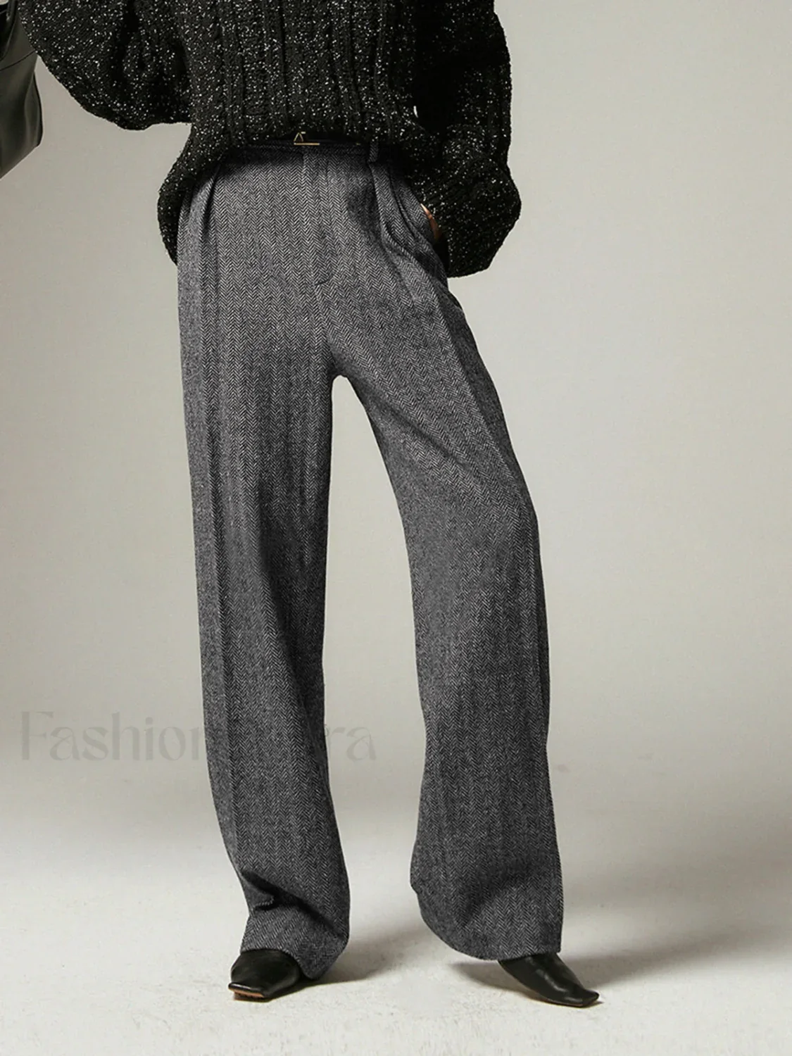 Herringbone Pockets Wide Trendy Leg Dress Pants - Image 2