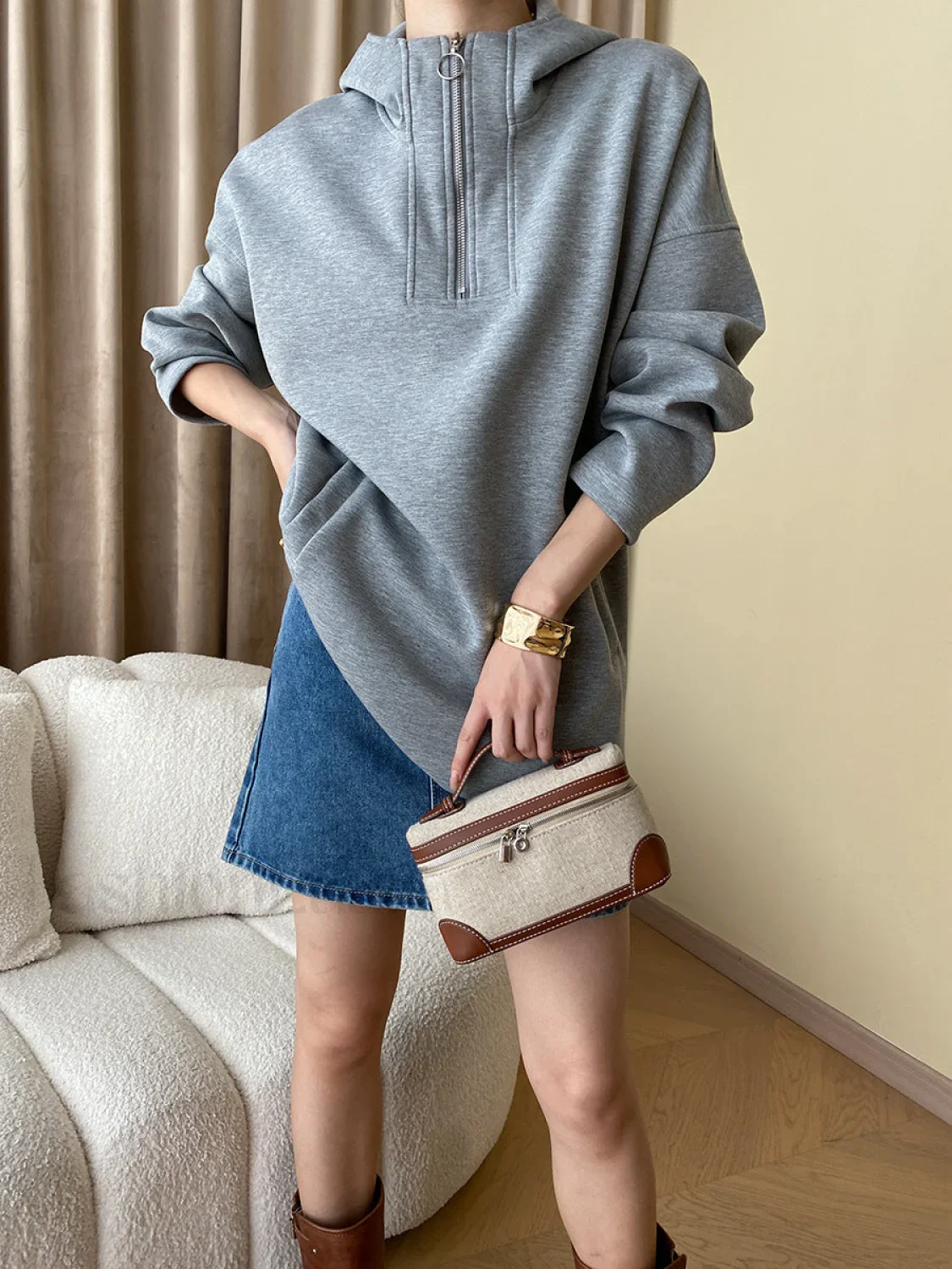 Half Zip Graceful Double Pockets Hoodie - Image 11