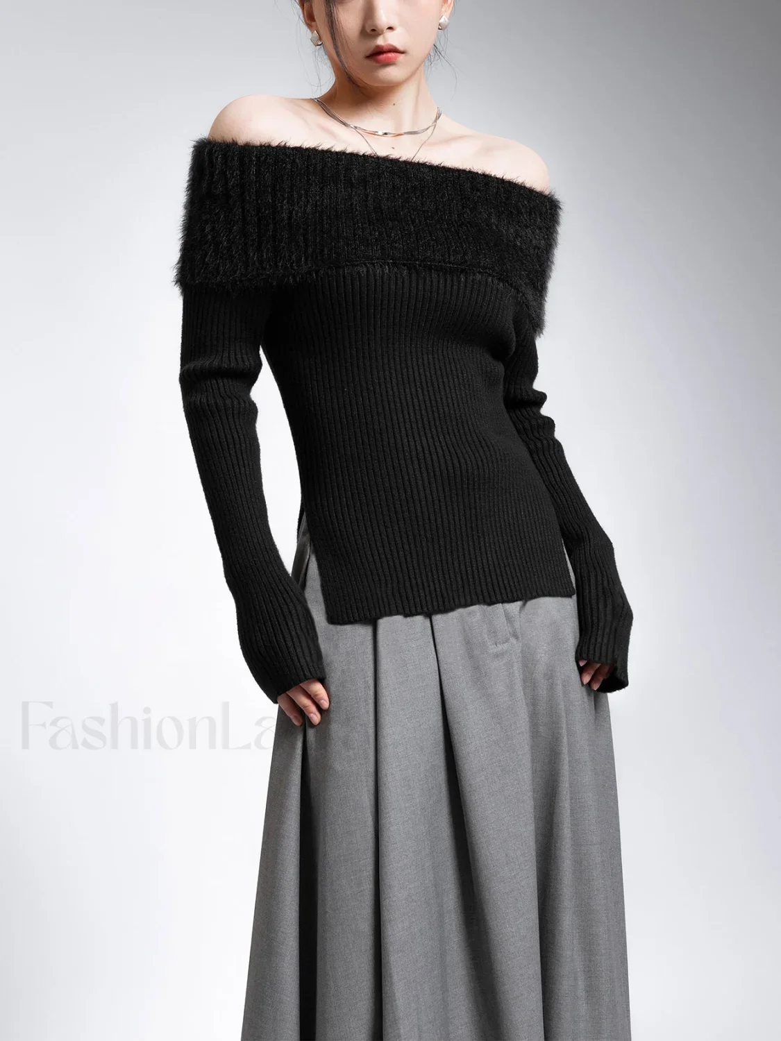 Fuzzy Off Shoulder Ribbed Modern Knit Patchwork Split Sweater - Image 5
