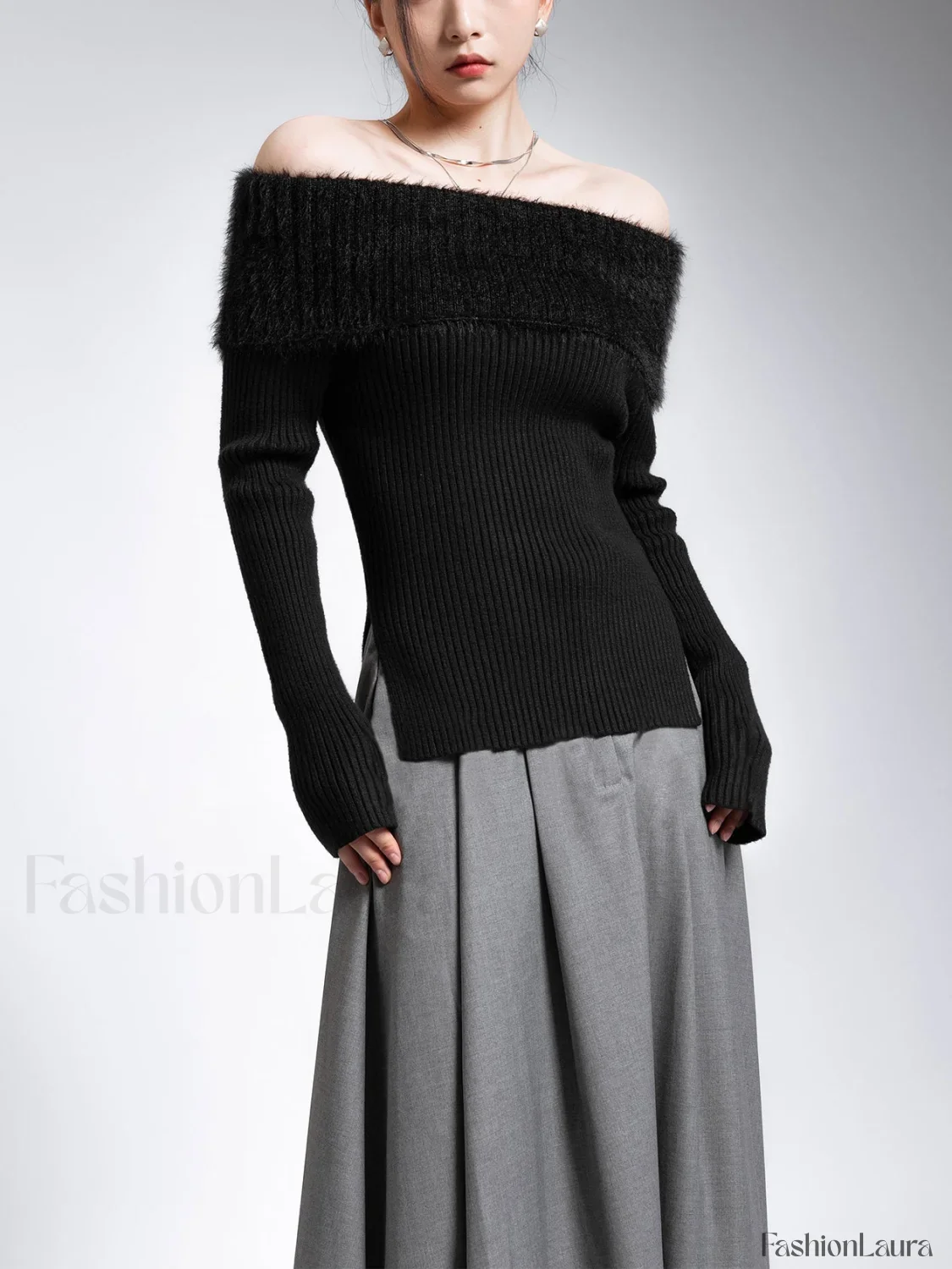 Fuzzy Off Shoulder Ribbed Modern Knit Patchwork Split Sweater - Image 8