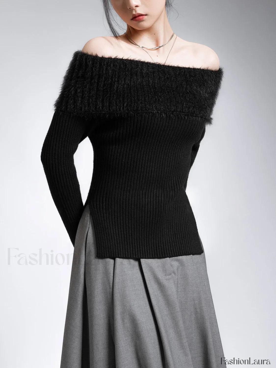 Fuzzy Off Shoulder Ribbed Modern Knit Patchwork Split Sweater - Image 9