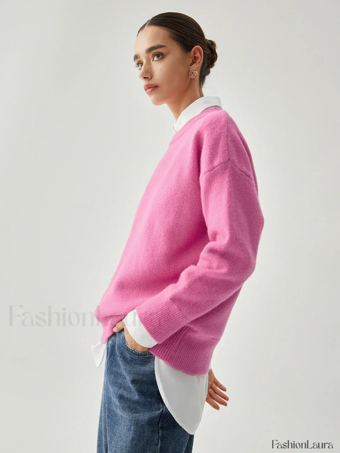 Fuchsia Crew Graceful Neck Knit Sweater - Image 13