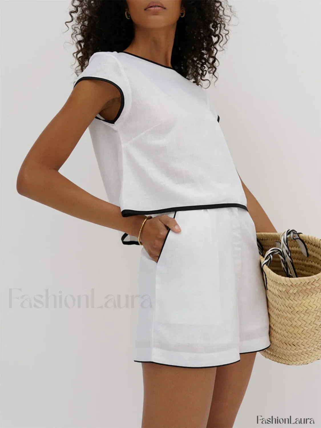 Pure Cotton Contrast Trendy Trim Shorts Set - Image 13