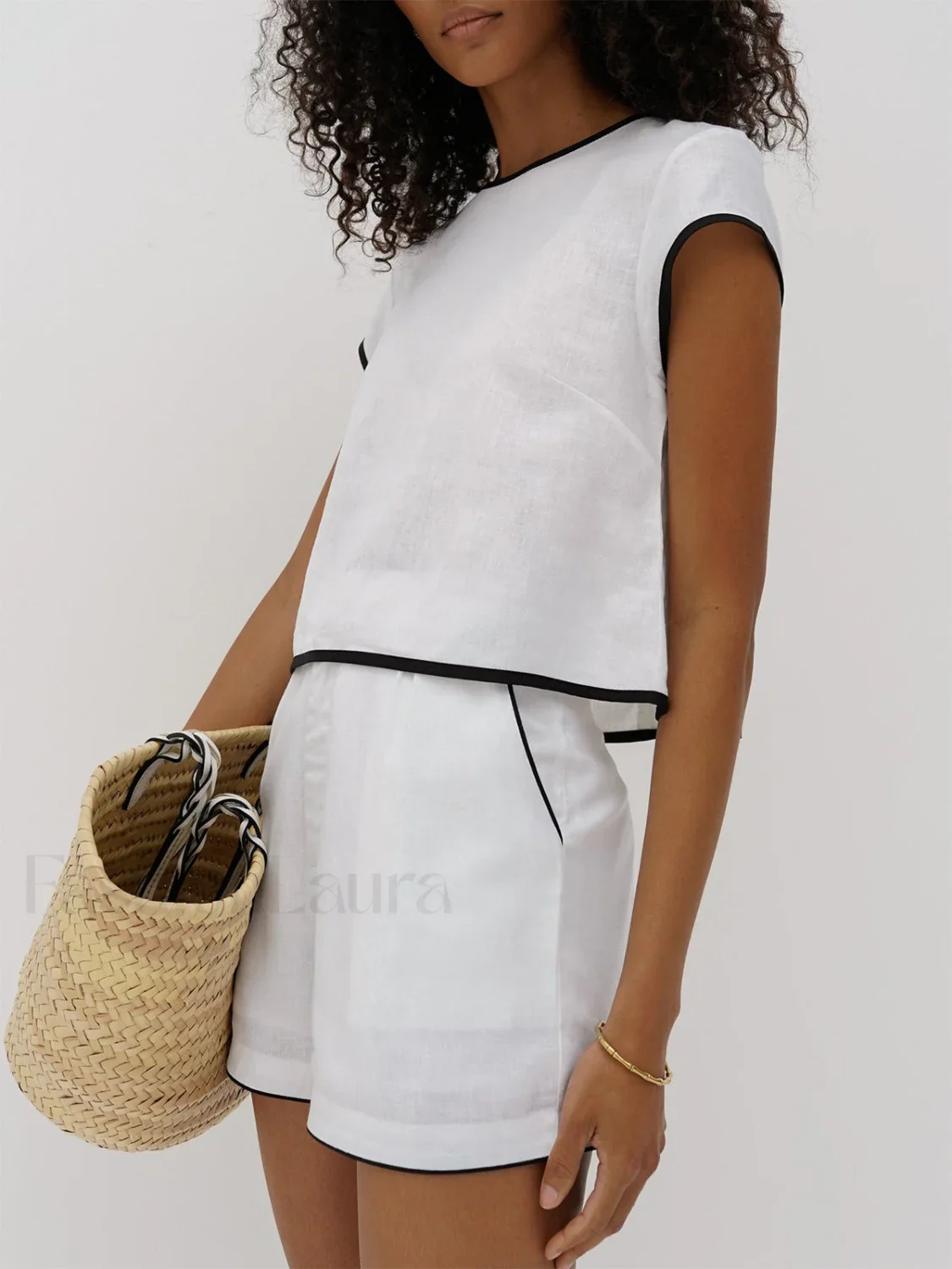 Pure Cotton Contrast Trendy Trim Shorts Set - Image 3