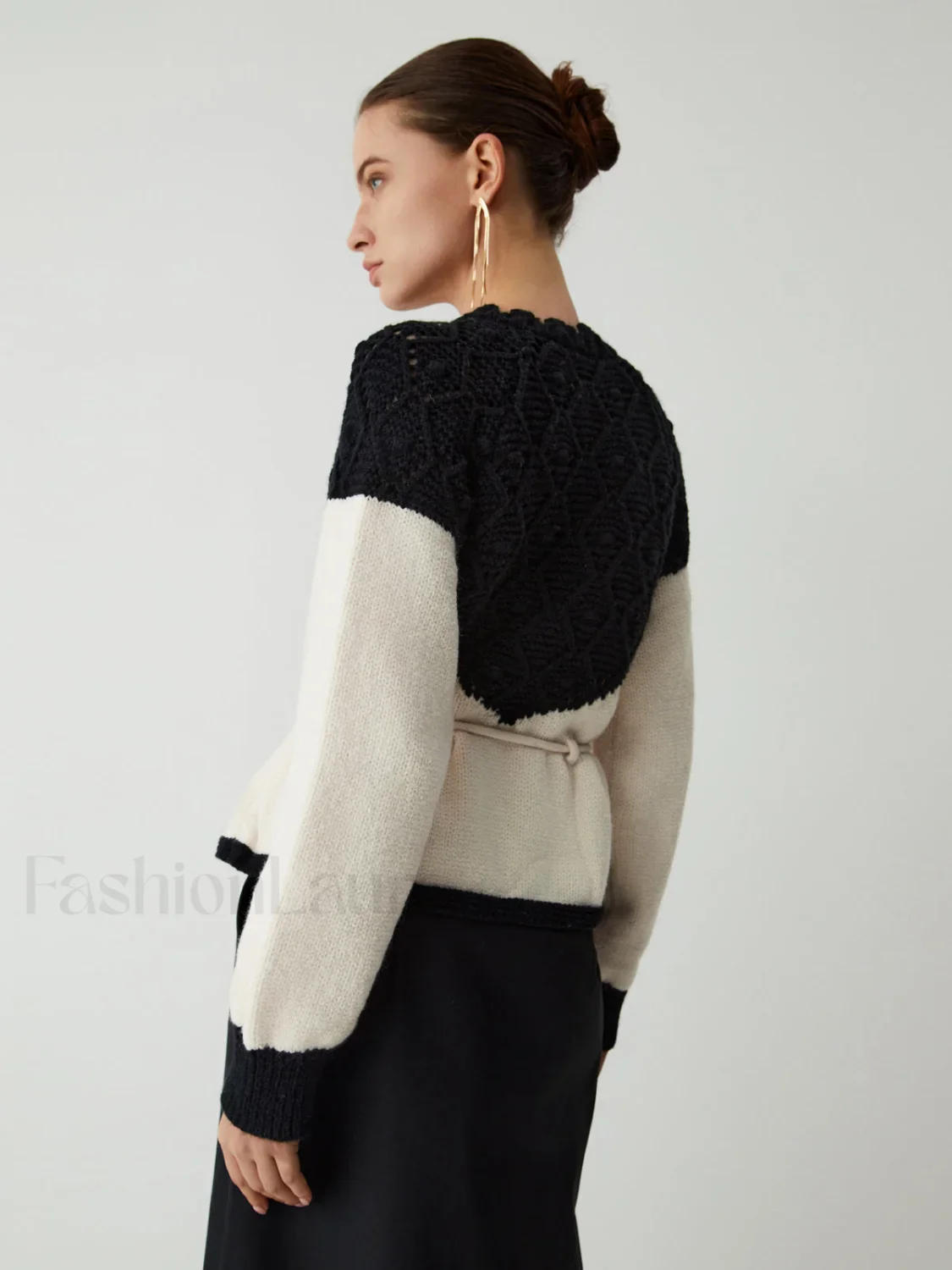 Pointelle Knit Patchwork Trendy Tie Front Sweater - Image 3