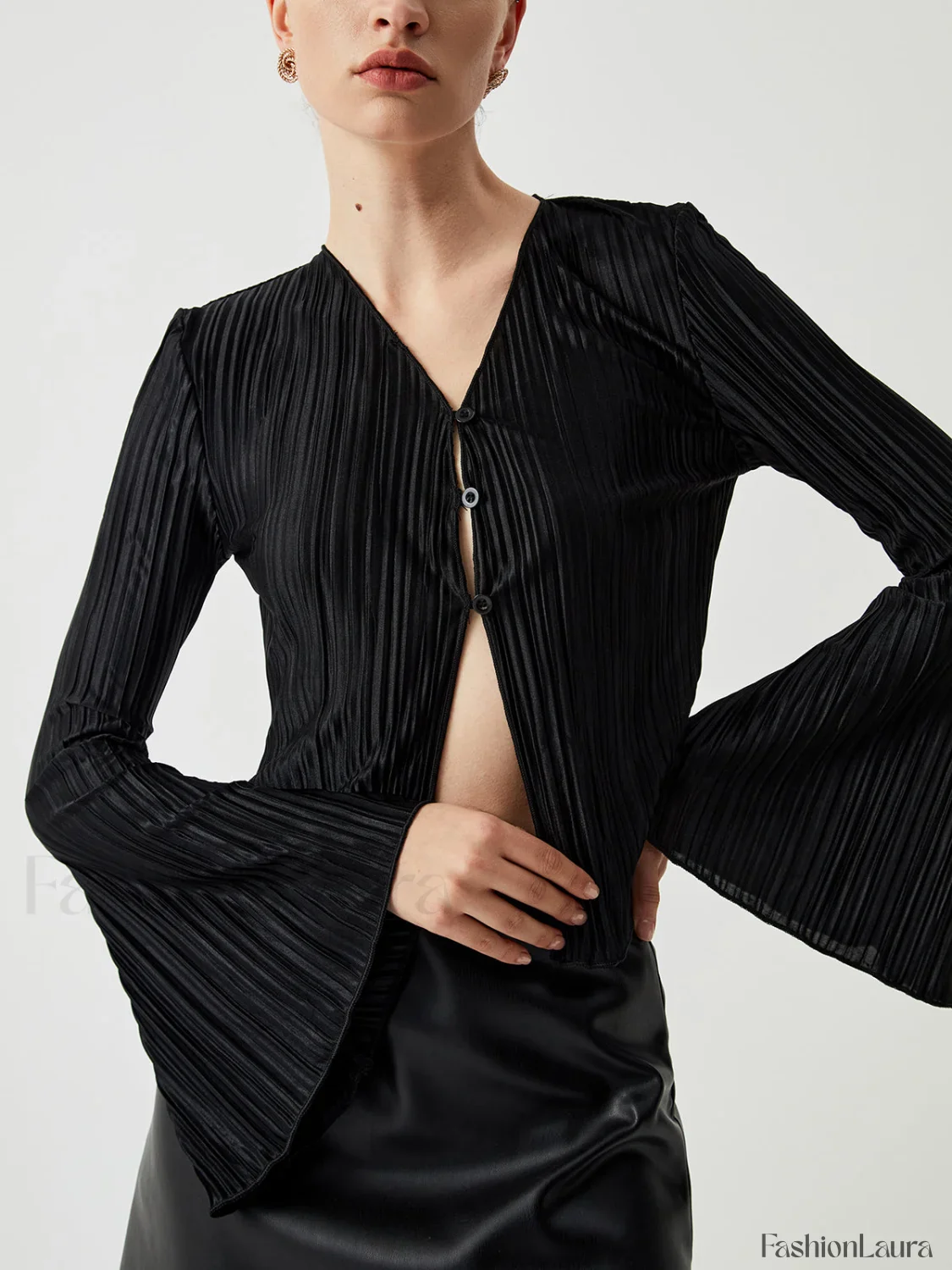 Pleated V-neck Ruffle Trendy Long Sleeve Blouse - Image 17