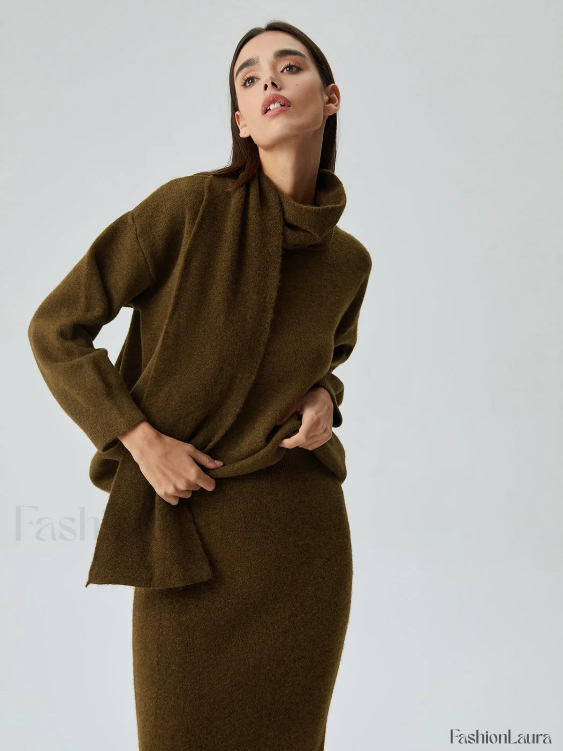 Plain Knit Two Piece Modern Skirt Set with Matching Scarf - Image 17