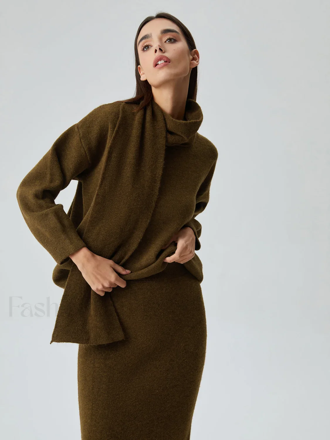 Plain Knit Two Piece Modern Skirt Set with Matching Scarf - Image 2