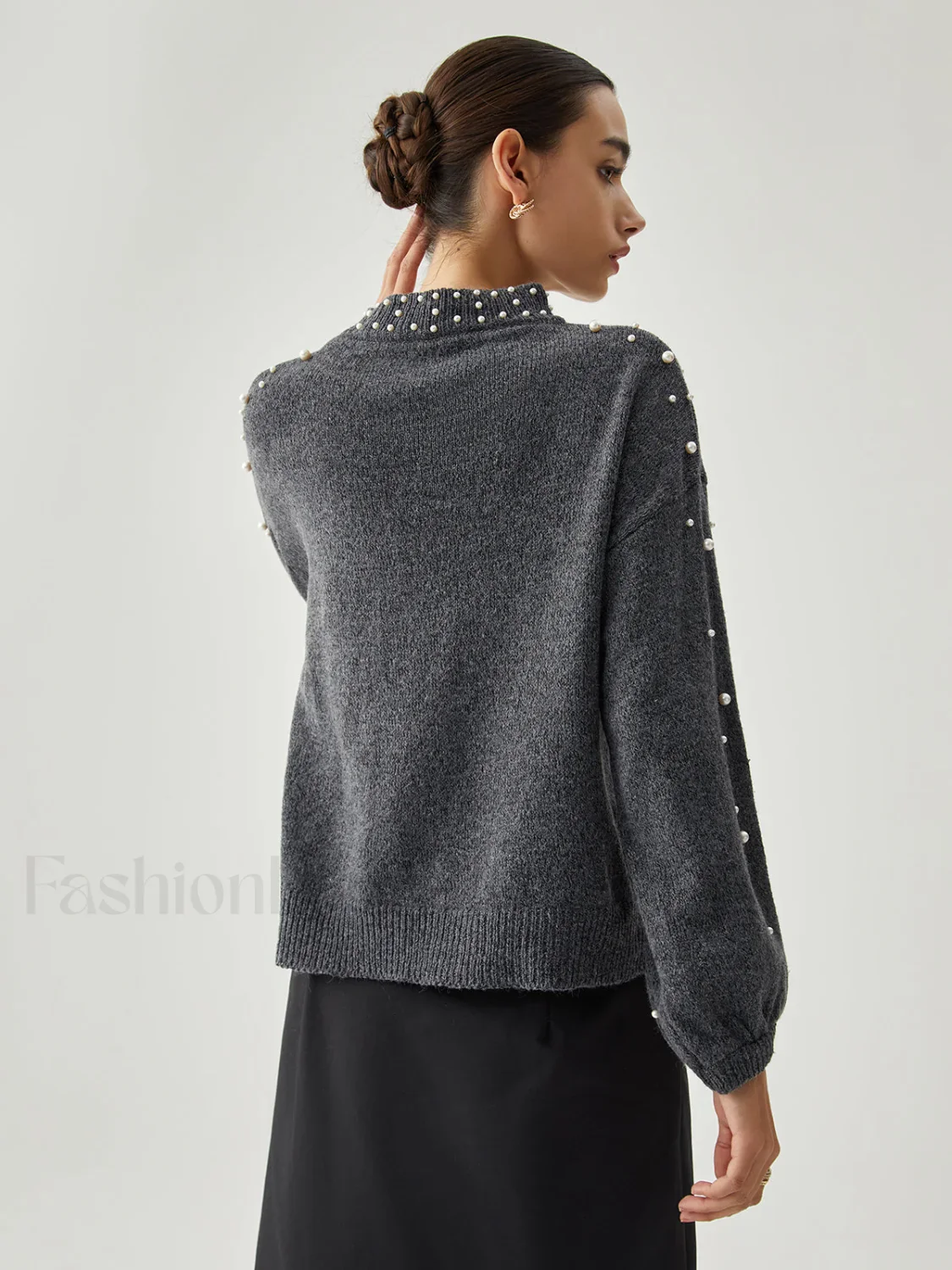Pearl Embellished Graceful Mock Neck Sweater - Image 3