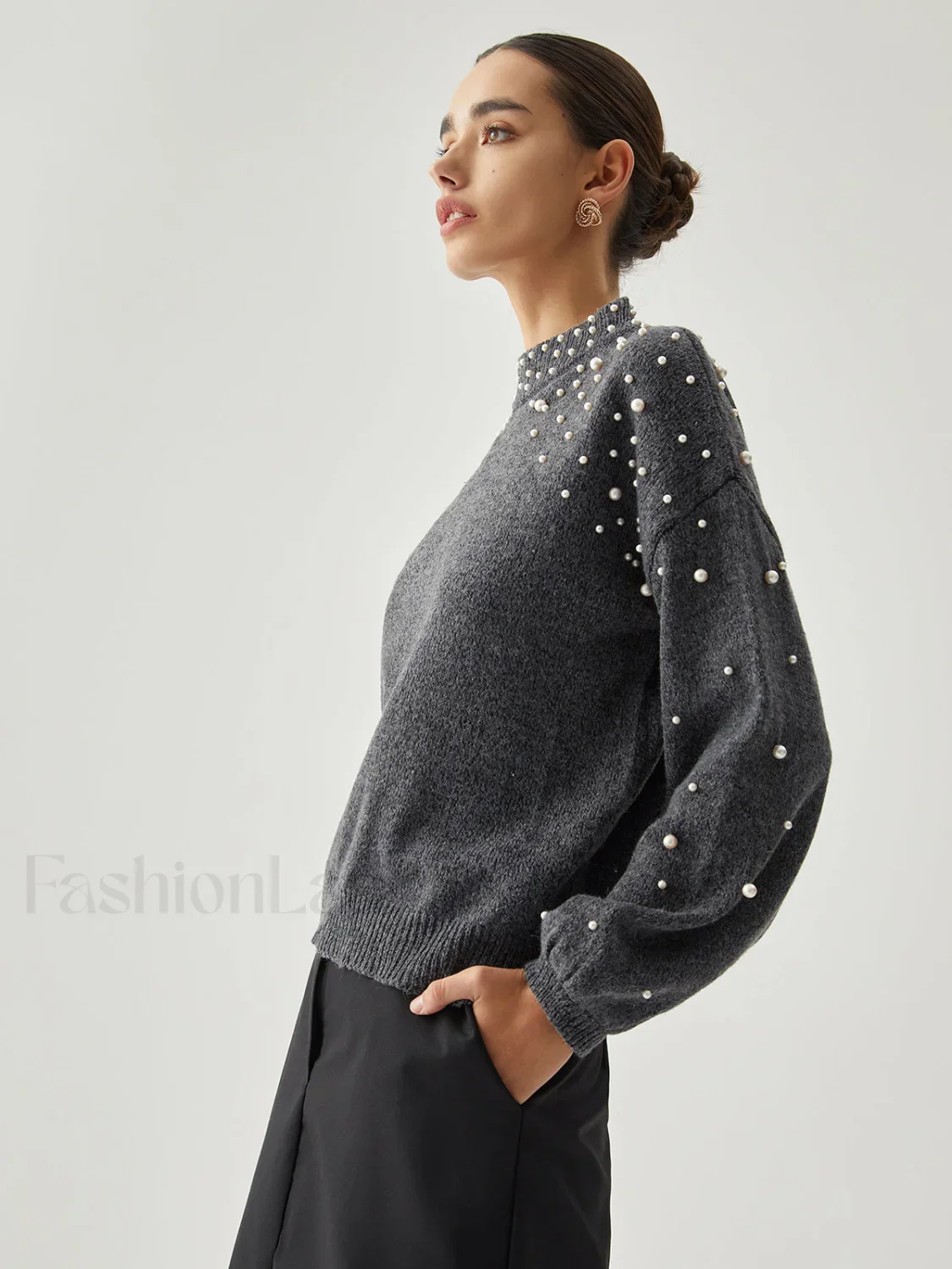 Pearl Embellished Graceful Mock Neck Sweater - Image 5