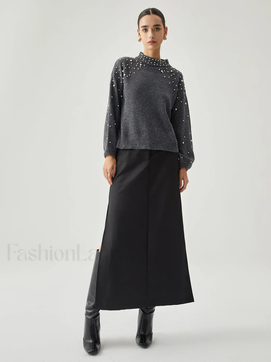 Pearl Embellished Graceful Mock Neck Sweater - Image 9