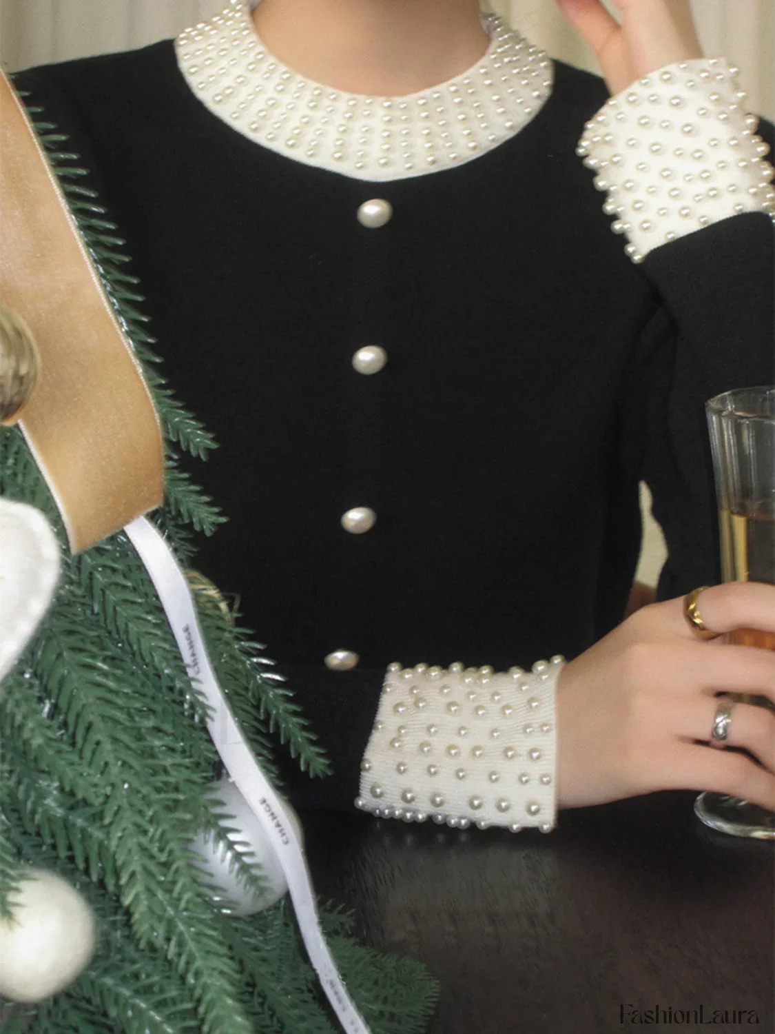 Pearl Beaded Contrast Trendy Trim Button Knit Top - Image 5