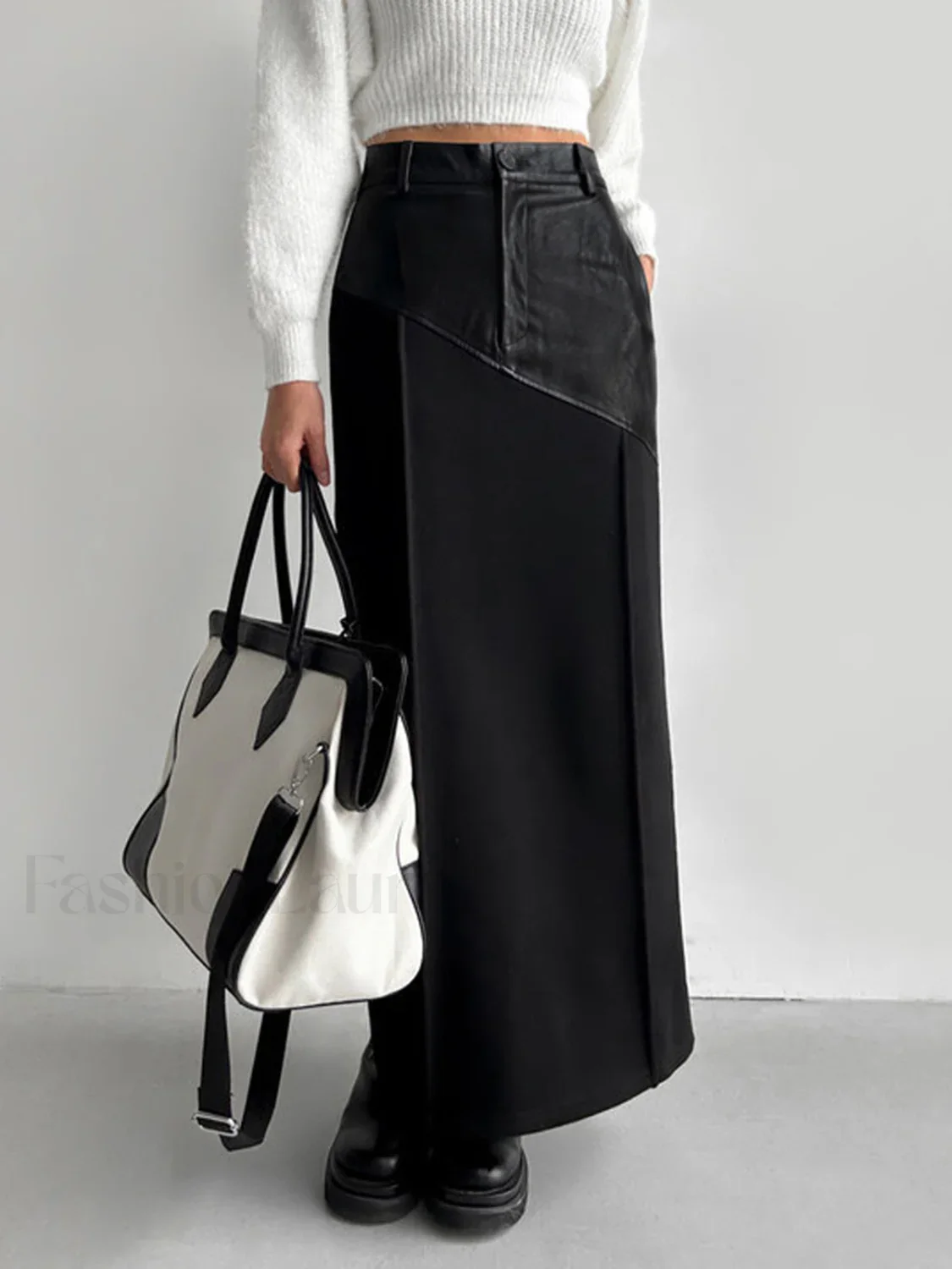 Patchwork Leather High Trendy Waist Maxi Skirt - Image 10