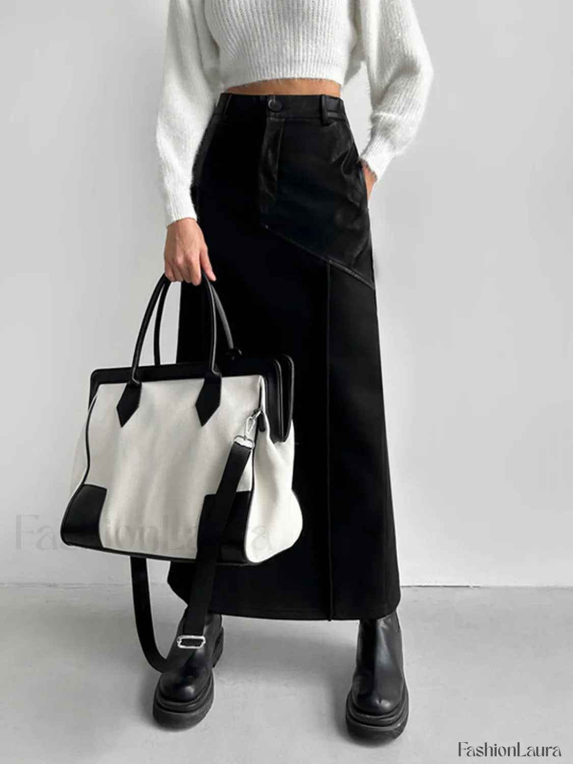 Patchwork Leather High Trendy Waist Maxi Skirt - Image 12