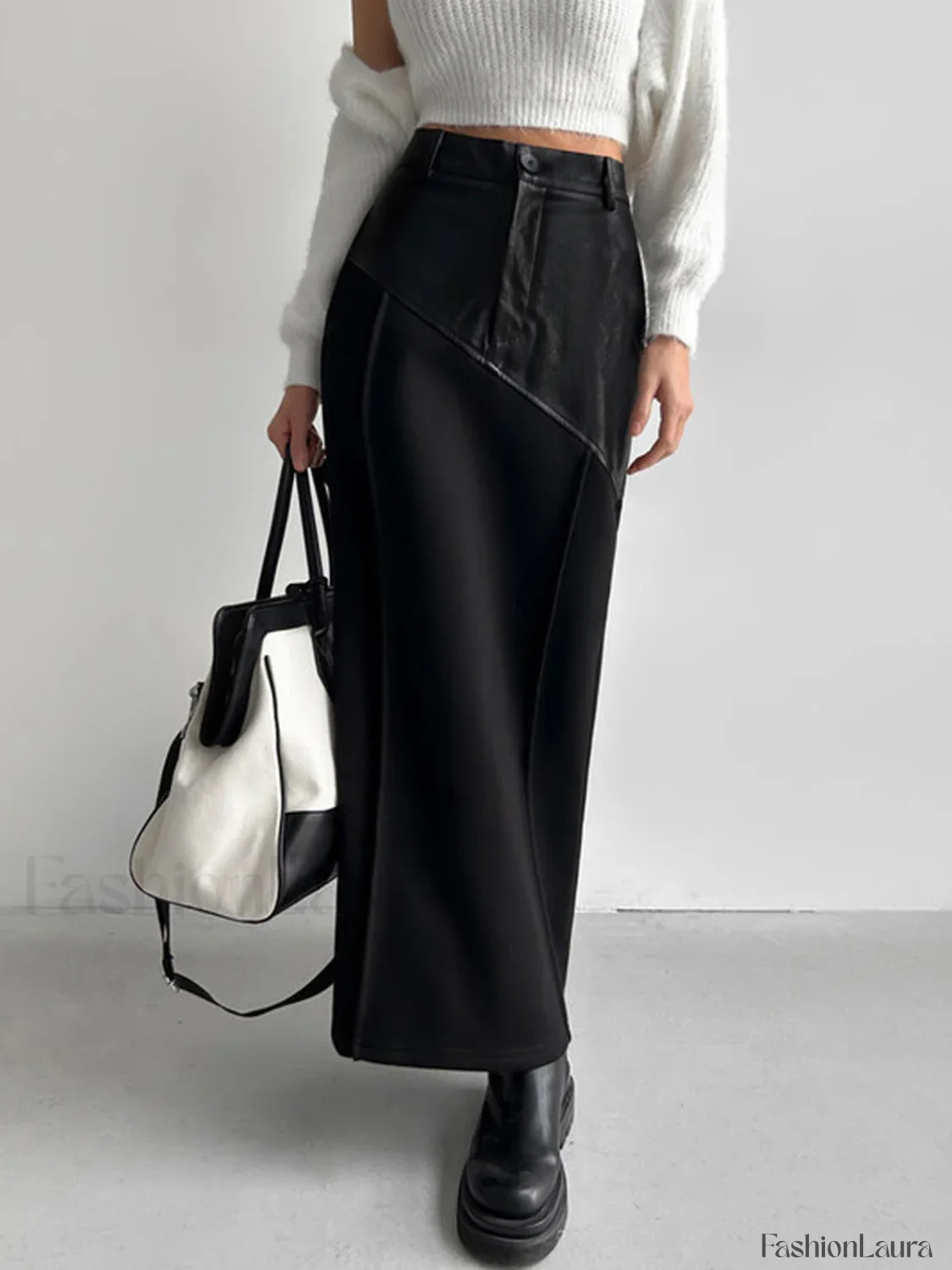 Patchwork Leather High Trendy Waist Maxi Skirt - Image 13