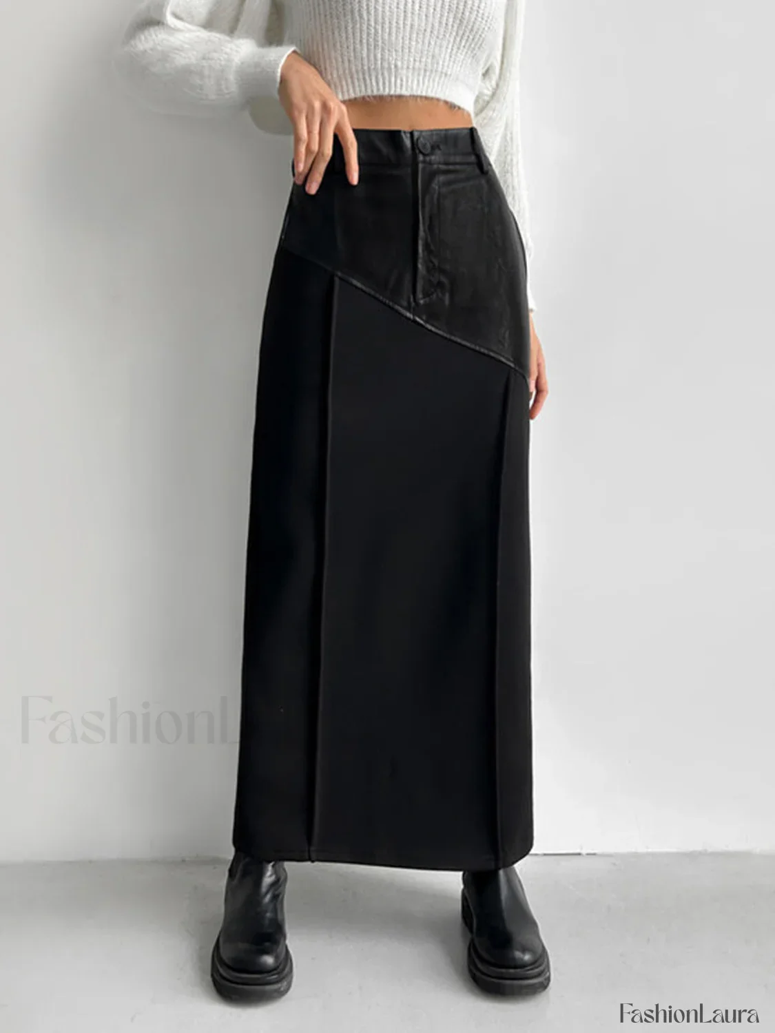 Patchwork Leather High Trendy Waist Maxi Skirt - Image 14