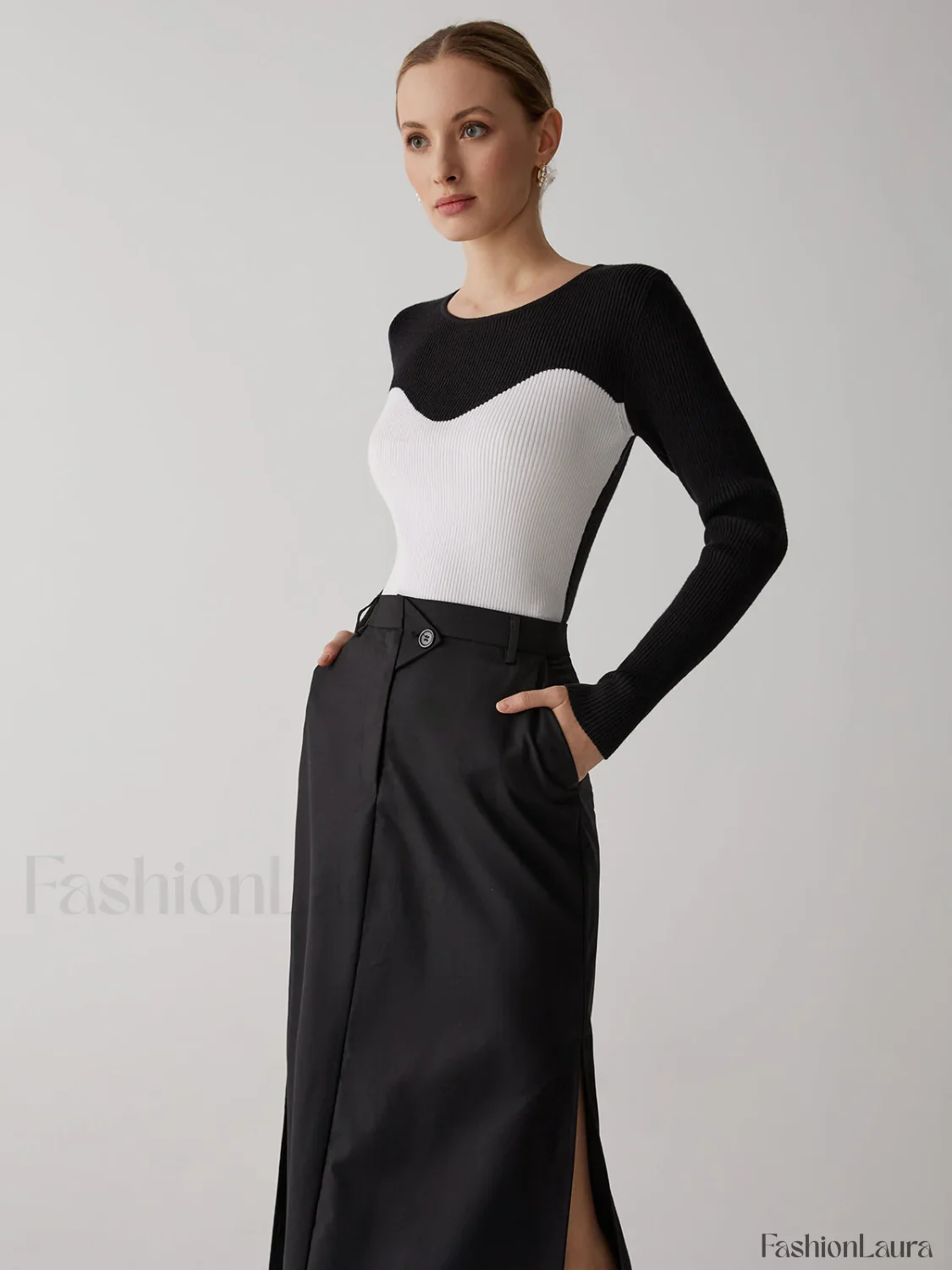 Patchwork Contrast Graceful Crew Neck Sweater - Image 13