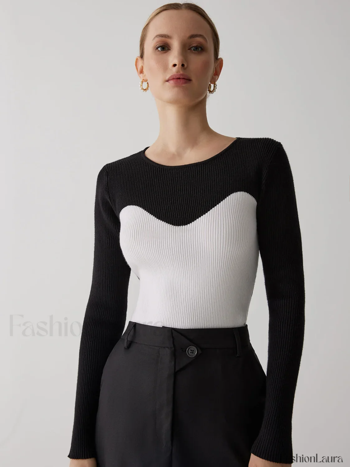 Patchwork Contrast Graceful Crew Neck Sweater - Image 15