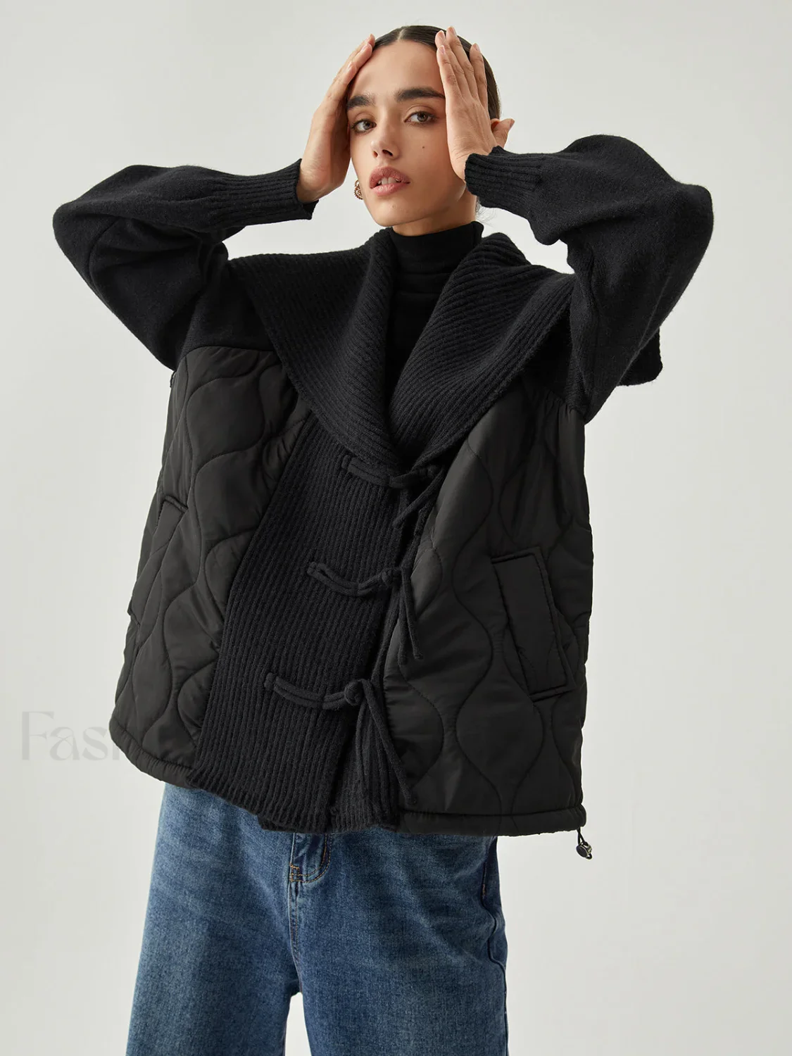 Patchwork Collared Graceful Geometric Winter Coat - Image 5