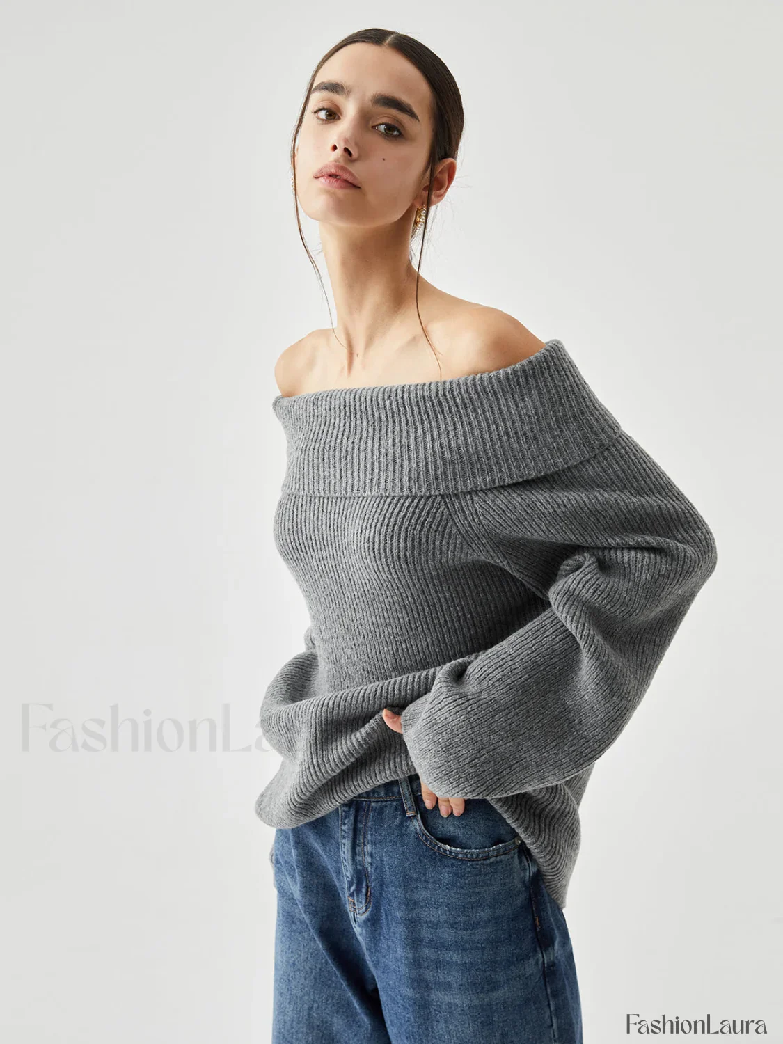Oversized Overfold Off Trendy Shoulder Knit Sweater - Image 13