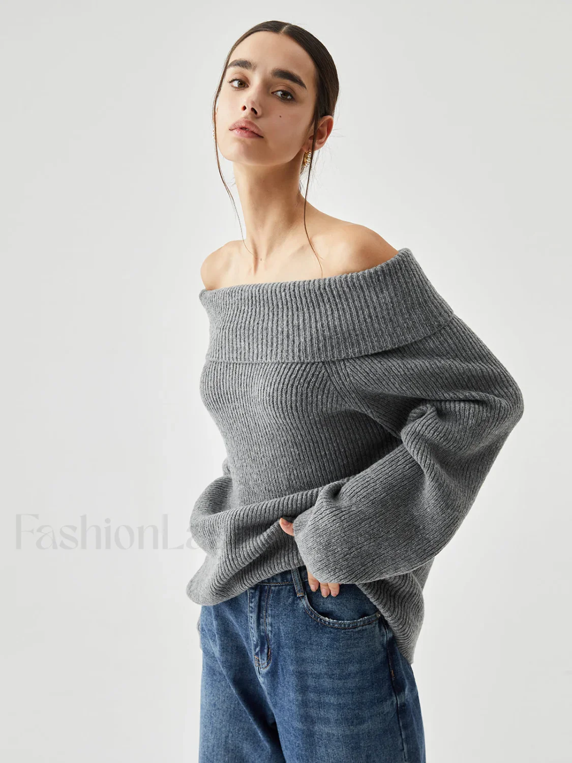 Oversized Overfold Off Trendy Shoulder Knit Sweater - Image 3