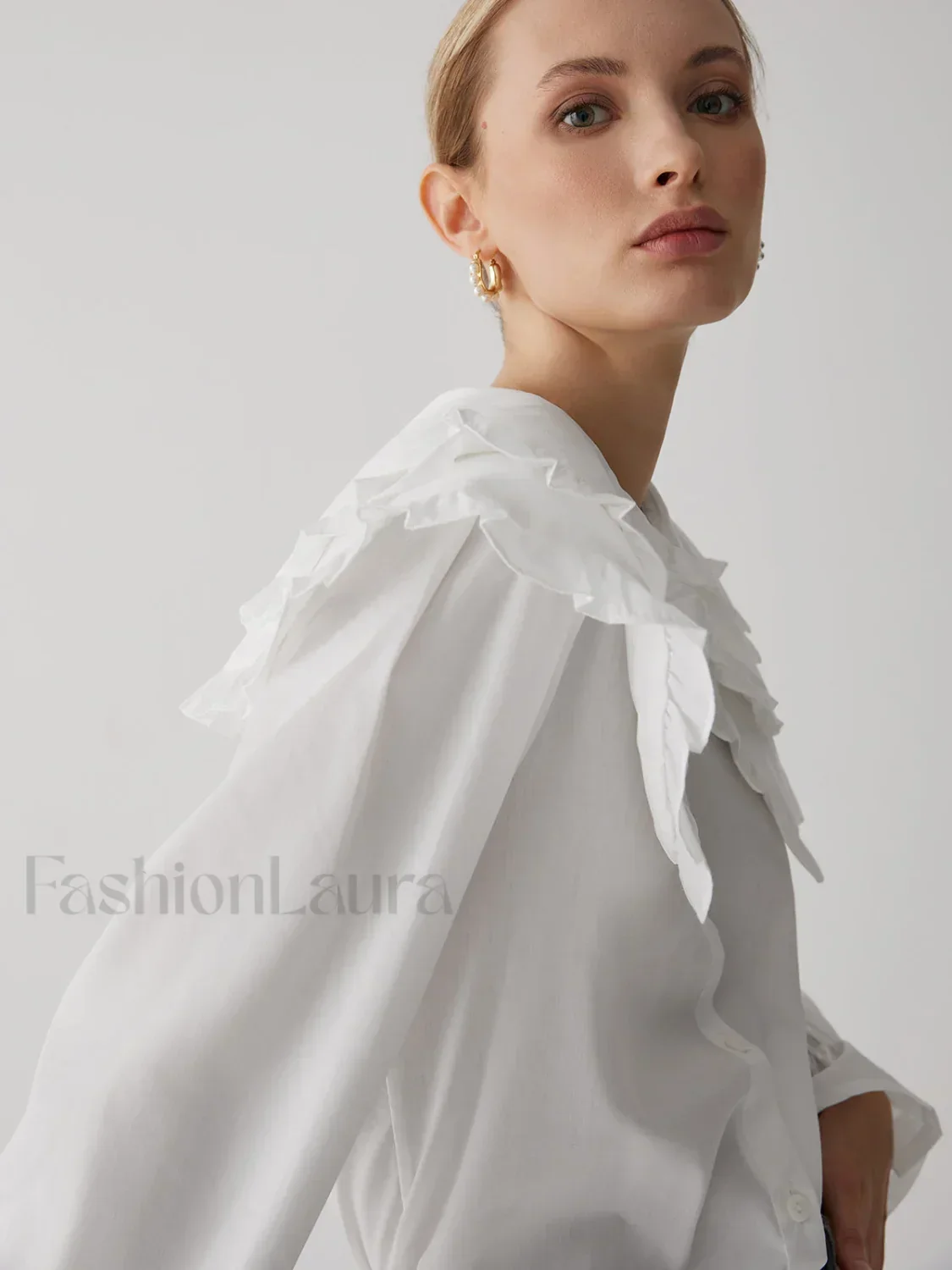 Oversized Lace Collar Trendy Button Ruffle Shirt - Image 3