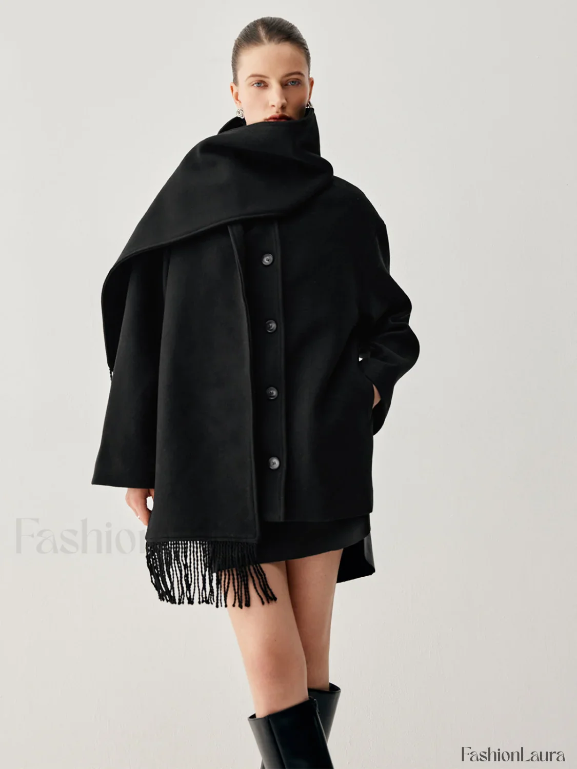Oversized Button-down Wool Coat Modern with Matching Fringed Scarf - Image 12