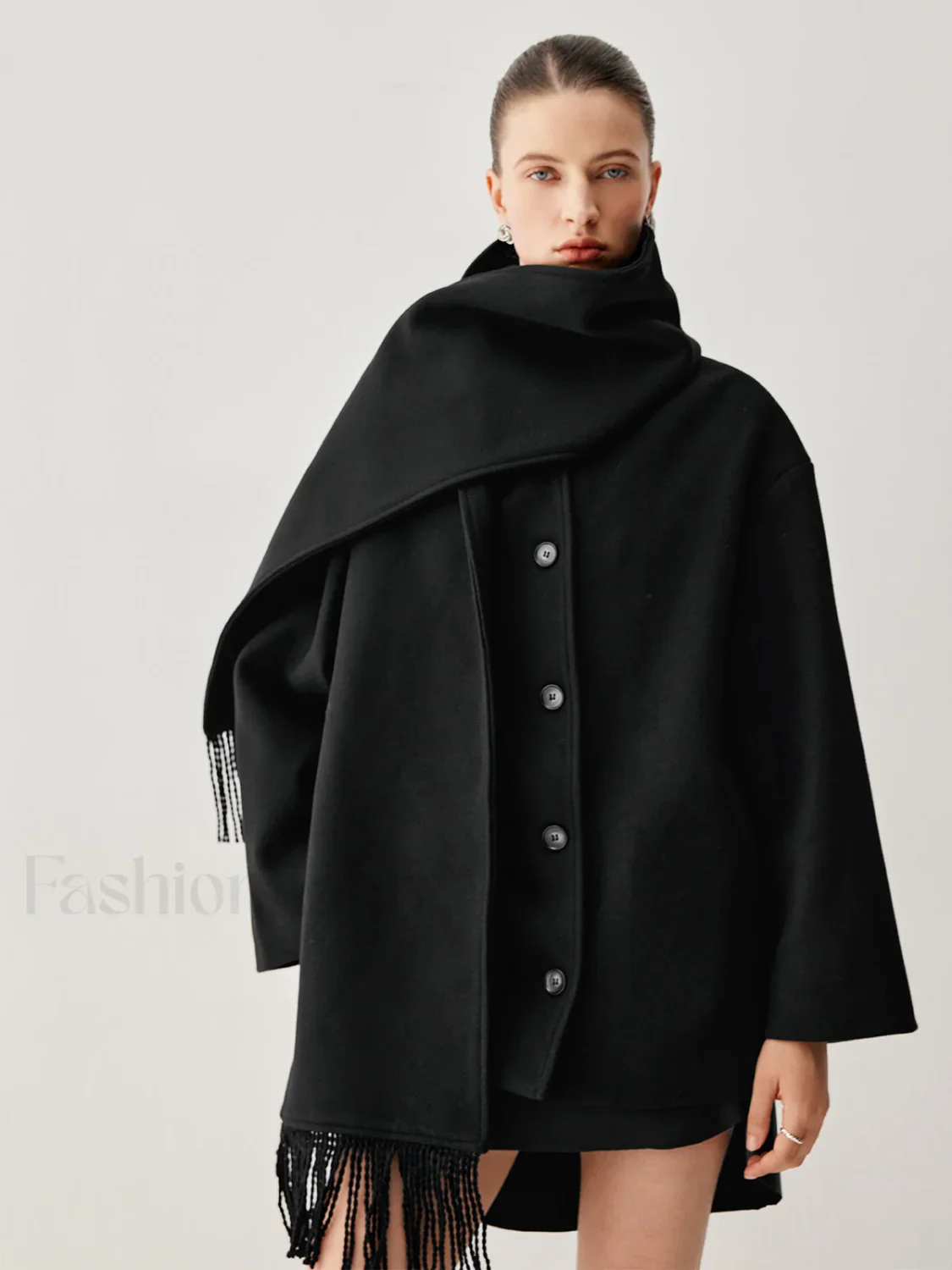 Oversized Button-down Wool Coat Modern with Matching Fringed Scarf - Image 4