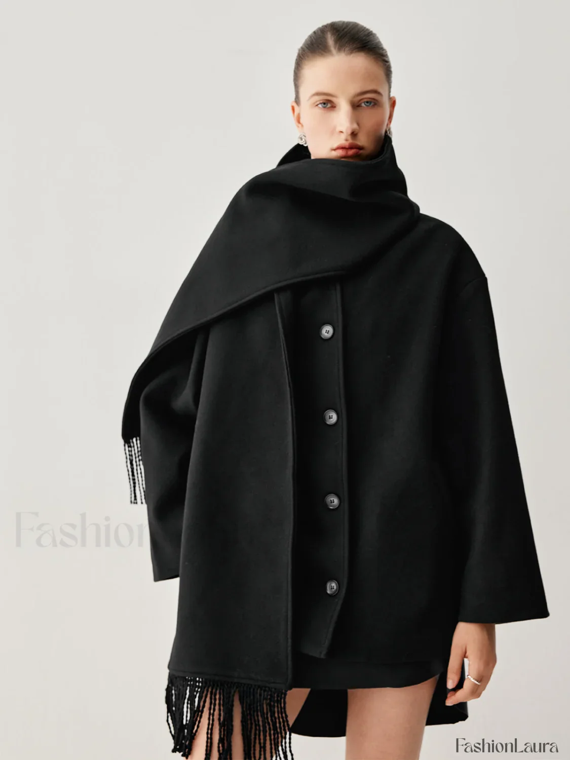 Oversized Button-down Wool Coat Modern with Matching Fringed Scarf - Image 9