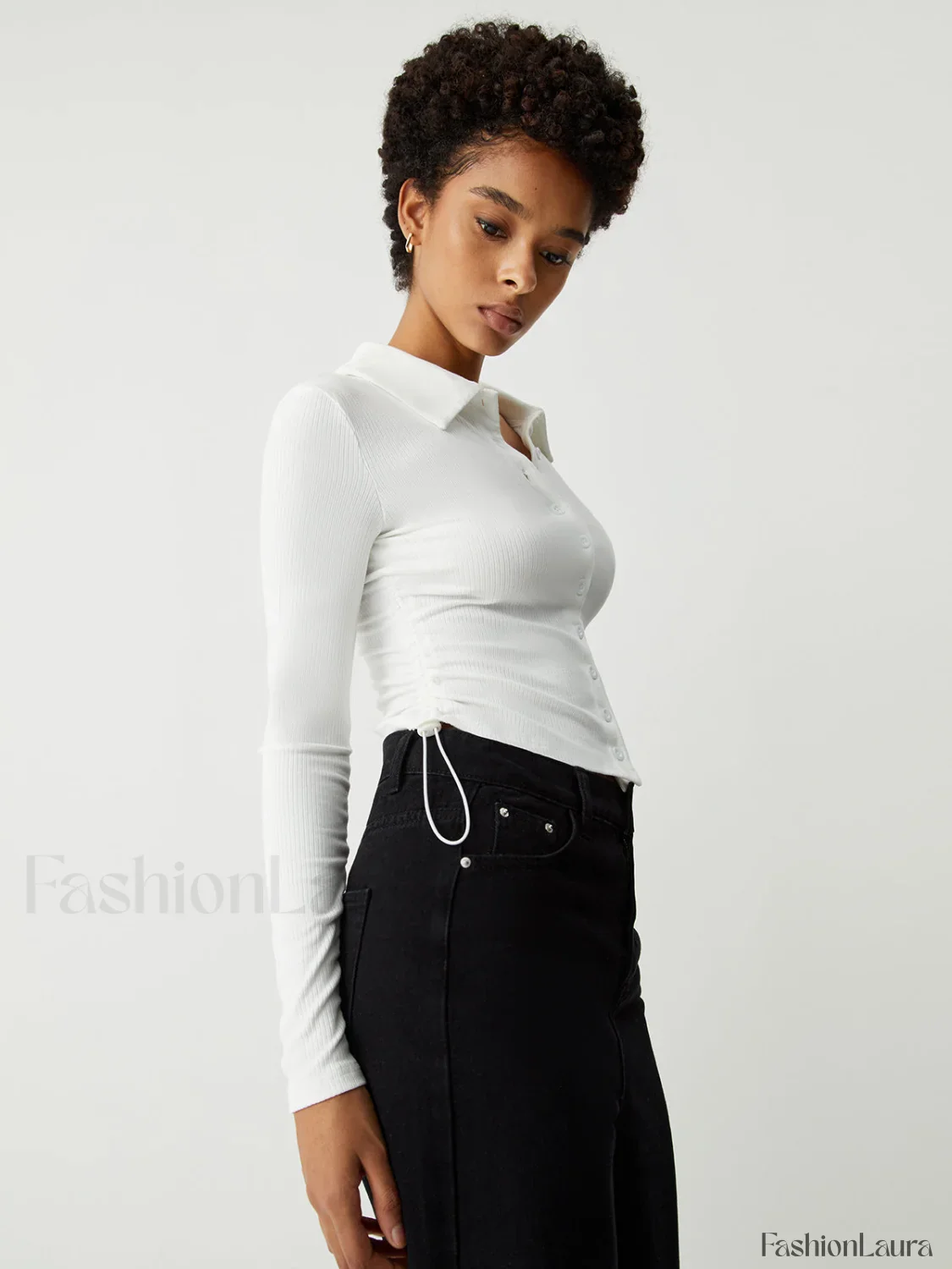 Open Collar Ruched Trendy Long Sleeve Shirt - Image 16