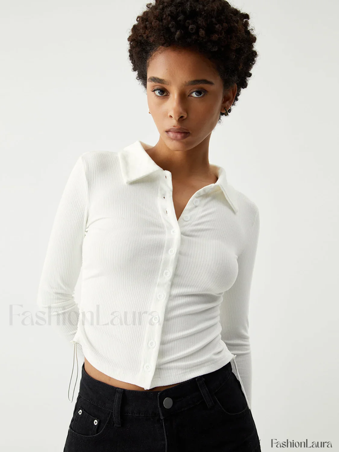 Open Collar Ruched Trendy Long Sleeve Shirt - Image 17