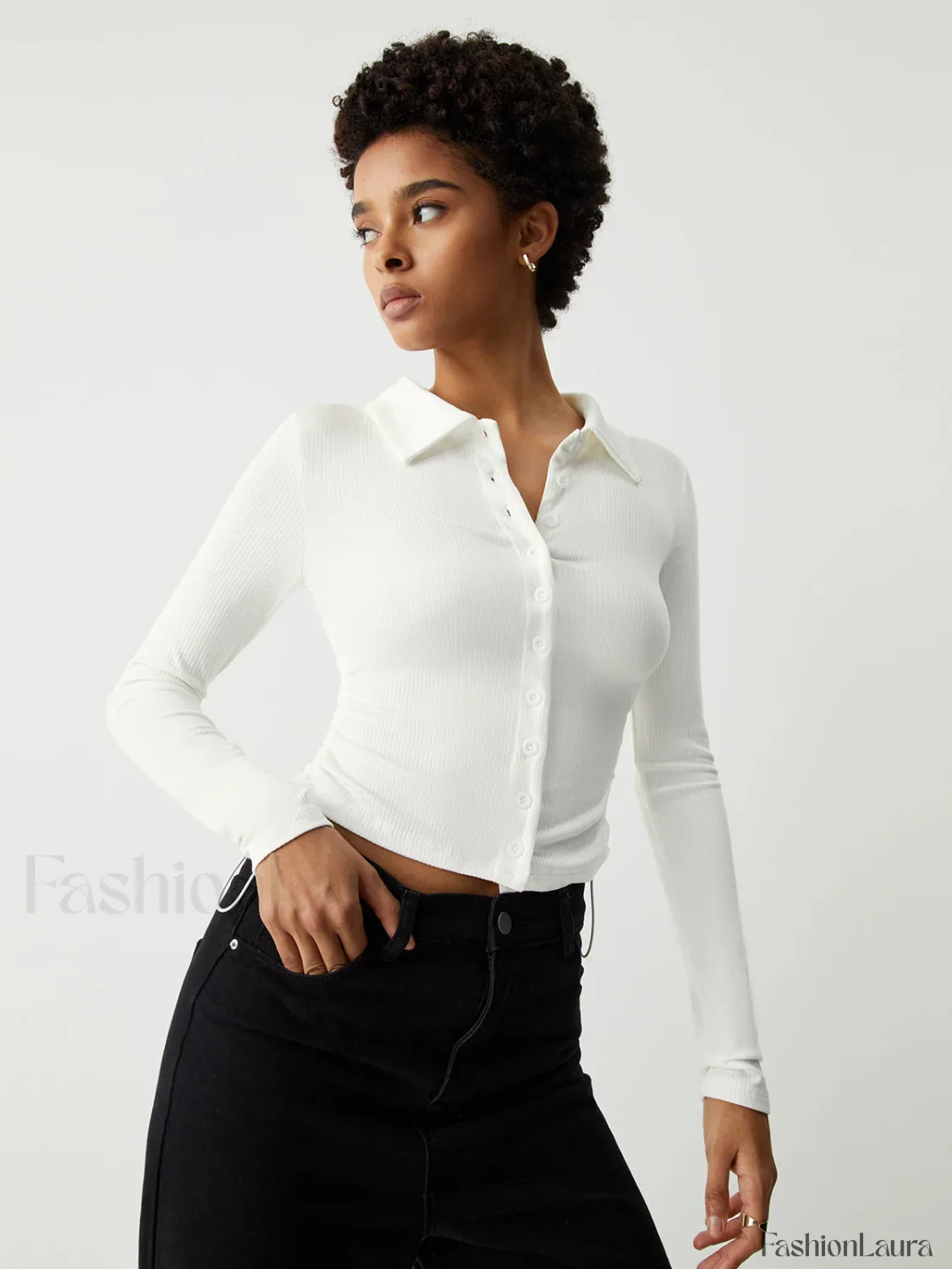 Open Collar Ruched Trendy Long Sleeve Shirt - Image 18