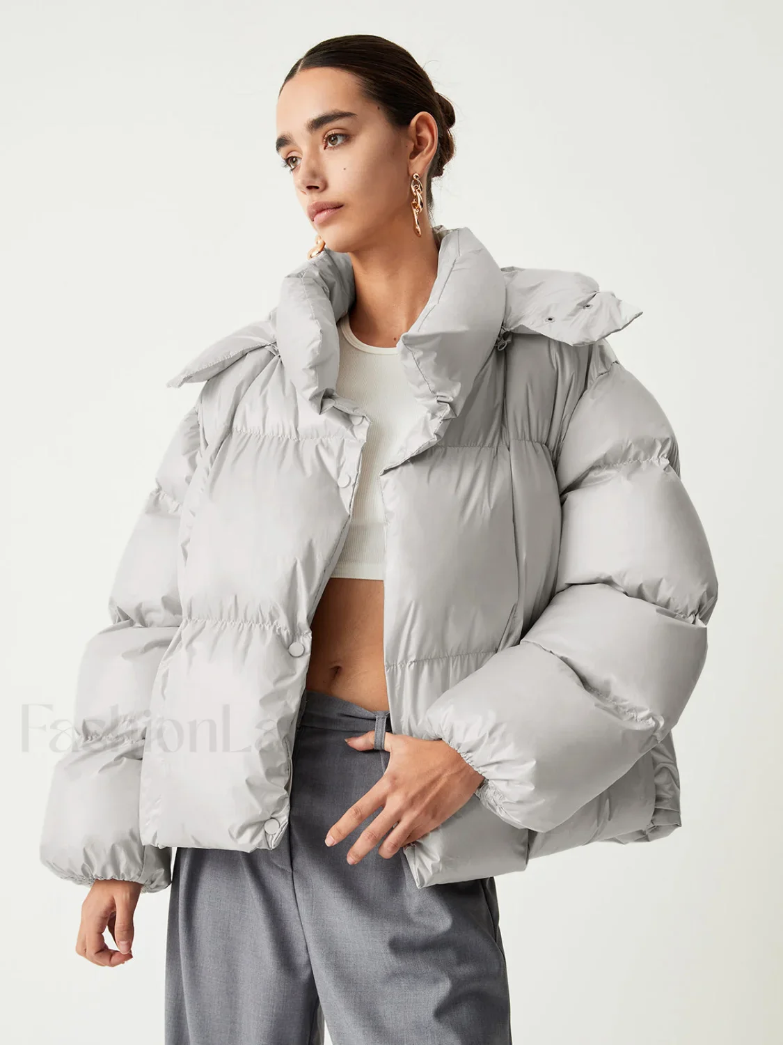 Open Collar Quilted Trendy Hooded Puffer Coat - Image 10