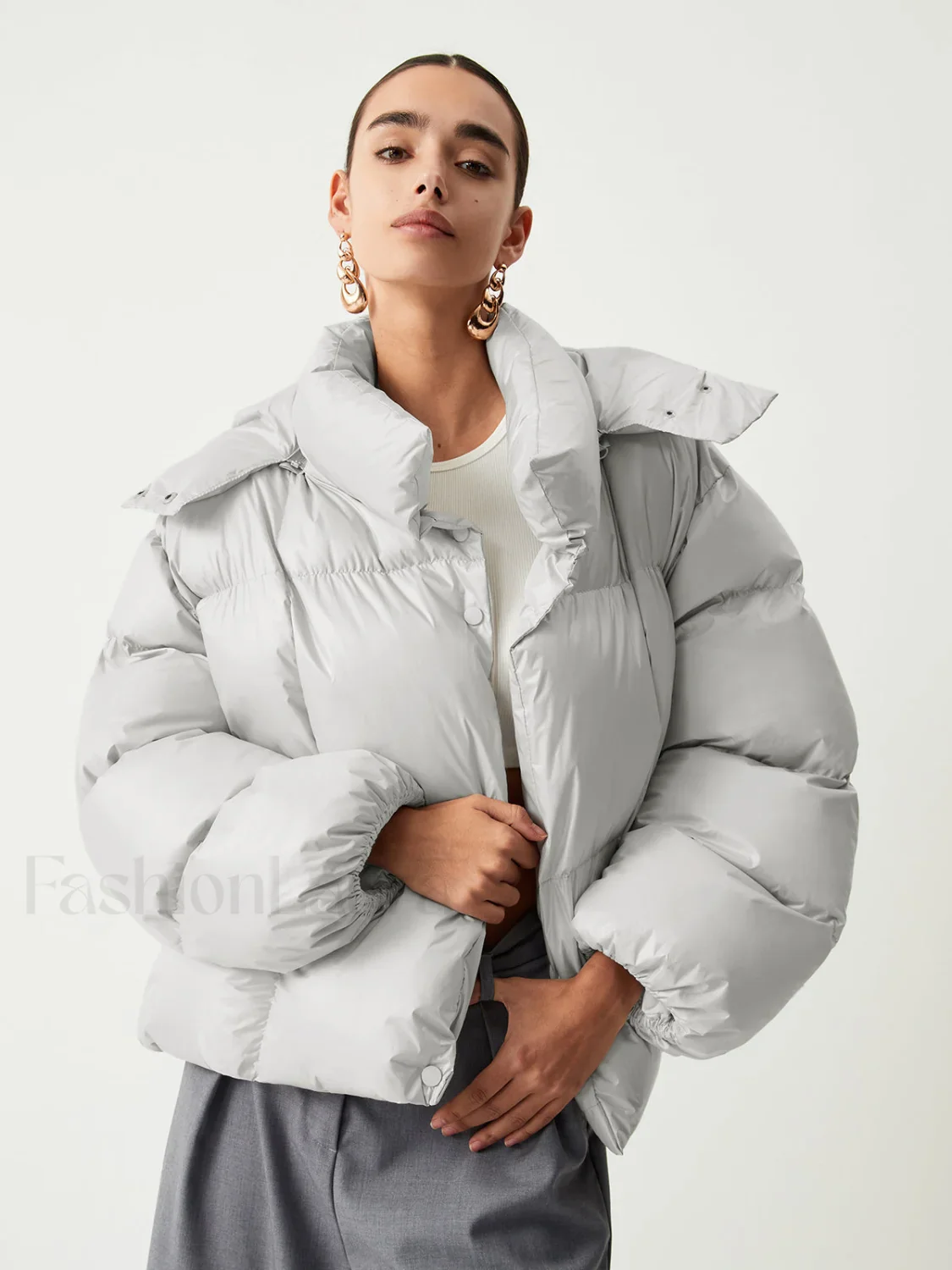 Open Collar Quilted Trendy Hooded Puffer Coat - Image 11