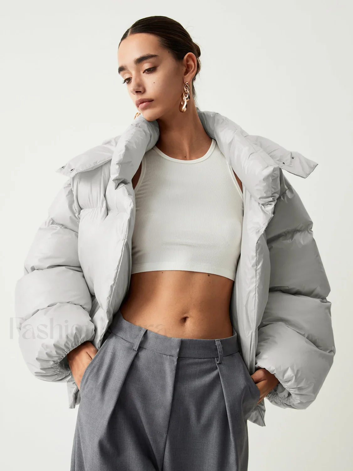 Open Collar Quilted Trendy Hooded Puffer Coat - Image 12