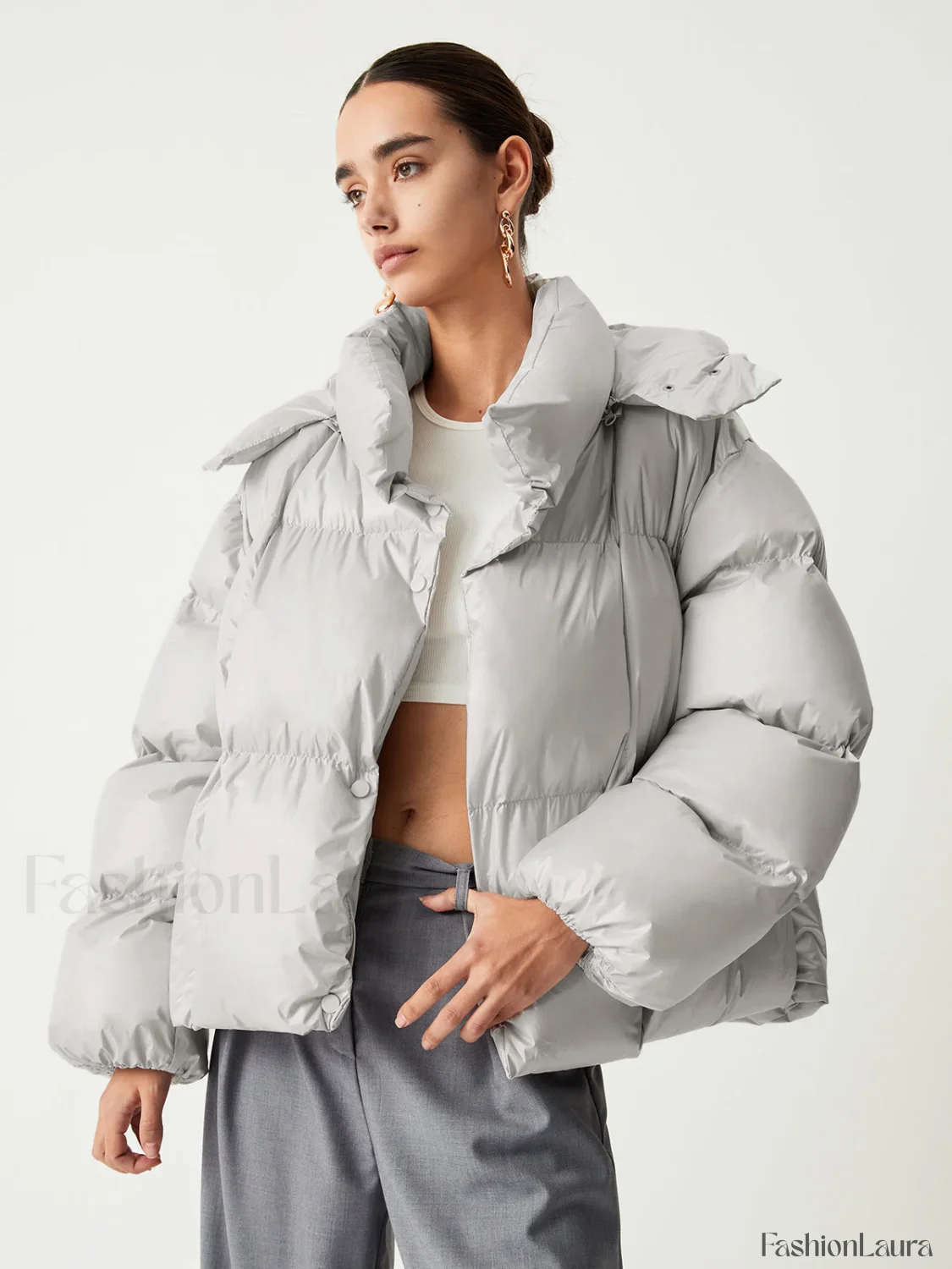 Open Collar Quilted Trendy Hooded Puffer Coat - Image 16