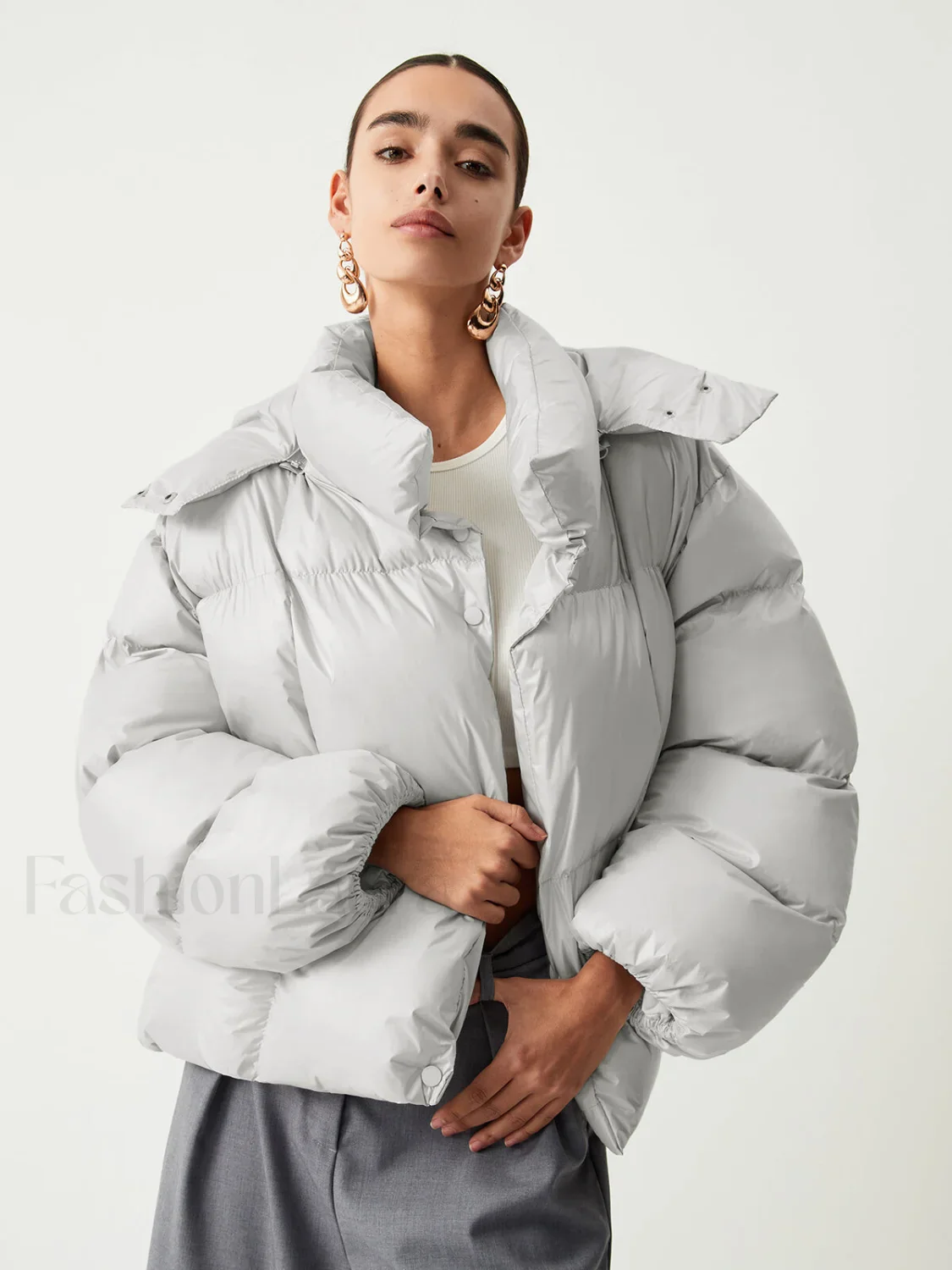 Open Collar Quilted Trendy Hooded Puffer Coat - Image 2