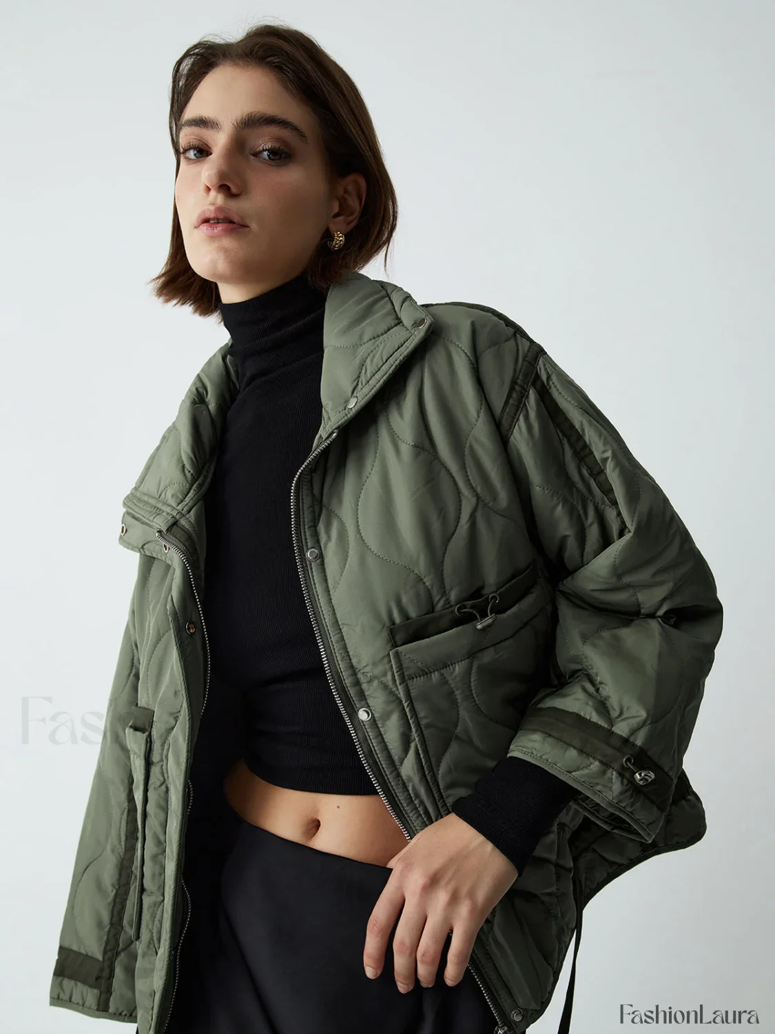 Open Collar Graceful Quilted Coat - Image 13