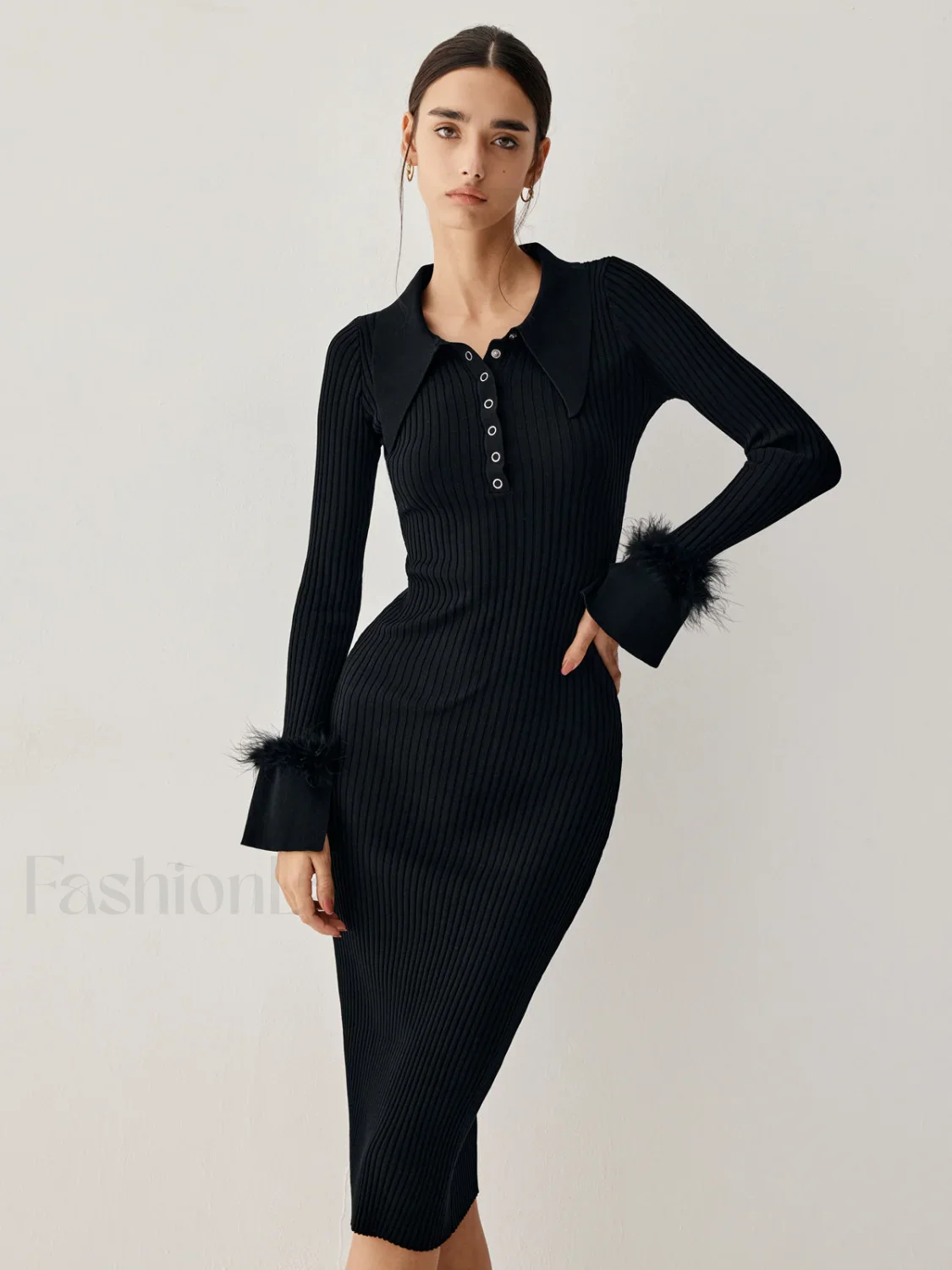 Open Collar Fuzzy Hem Modern Long Sleeve Midi Sweater Dress - Image 10