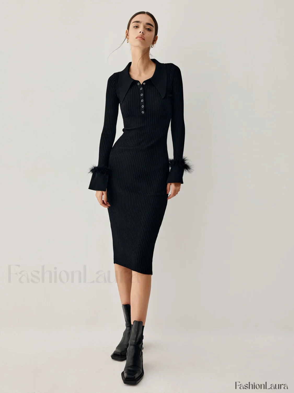 Open Collar Fuzzy Hem Modern Long Sleeve Midi Sweater Dress - Image 12
