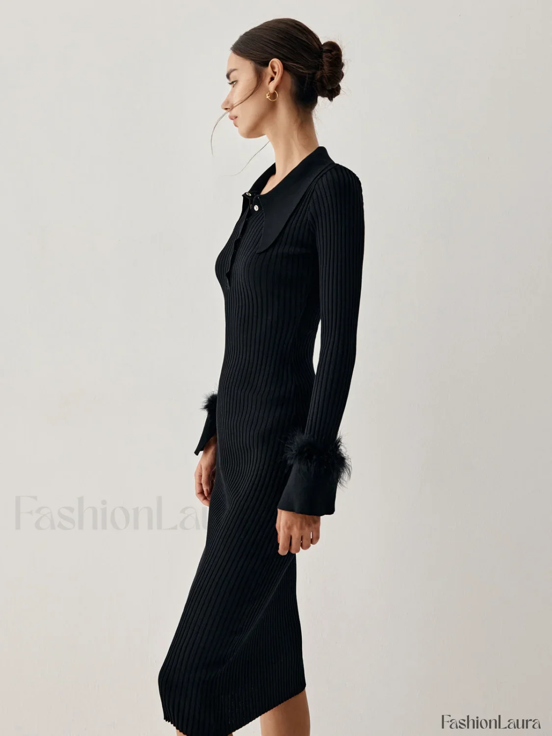 Open Collar Fuzzy Hem Modern Long Sleeve Midi Sweater Dress - Image 13