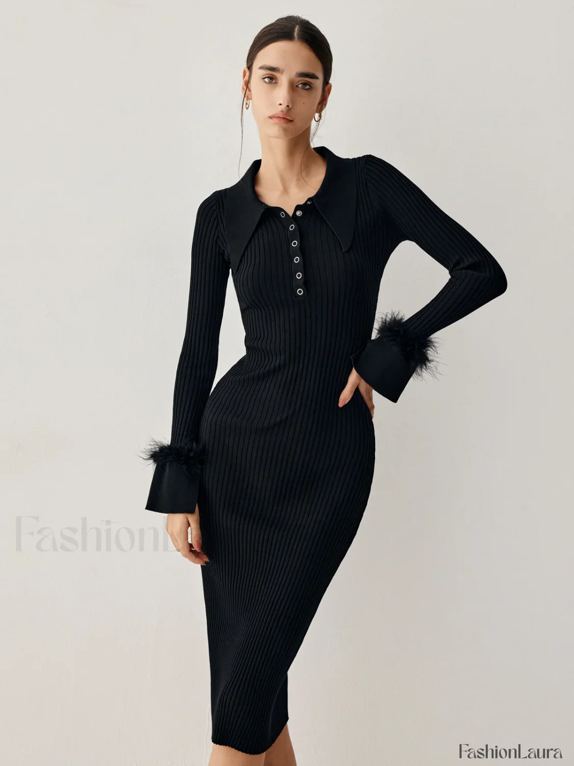Open Collar Fuzzy Hem Modern Long Sleeve Midi Sweater Dress - Image 15