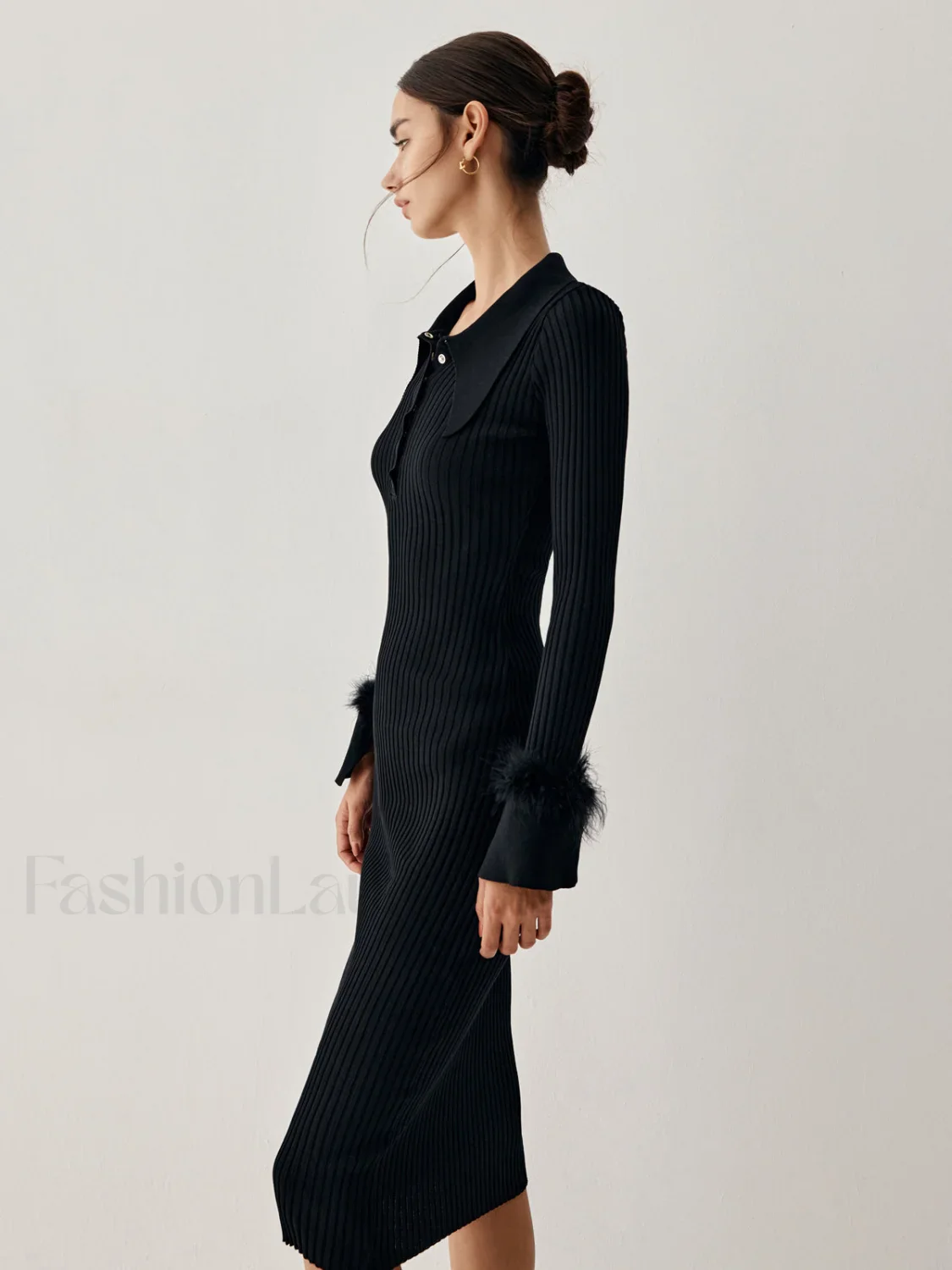 Open Collar Fuzzy Hem Modern Long Sleeve Midi Sweater Dress - Image 3